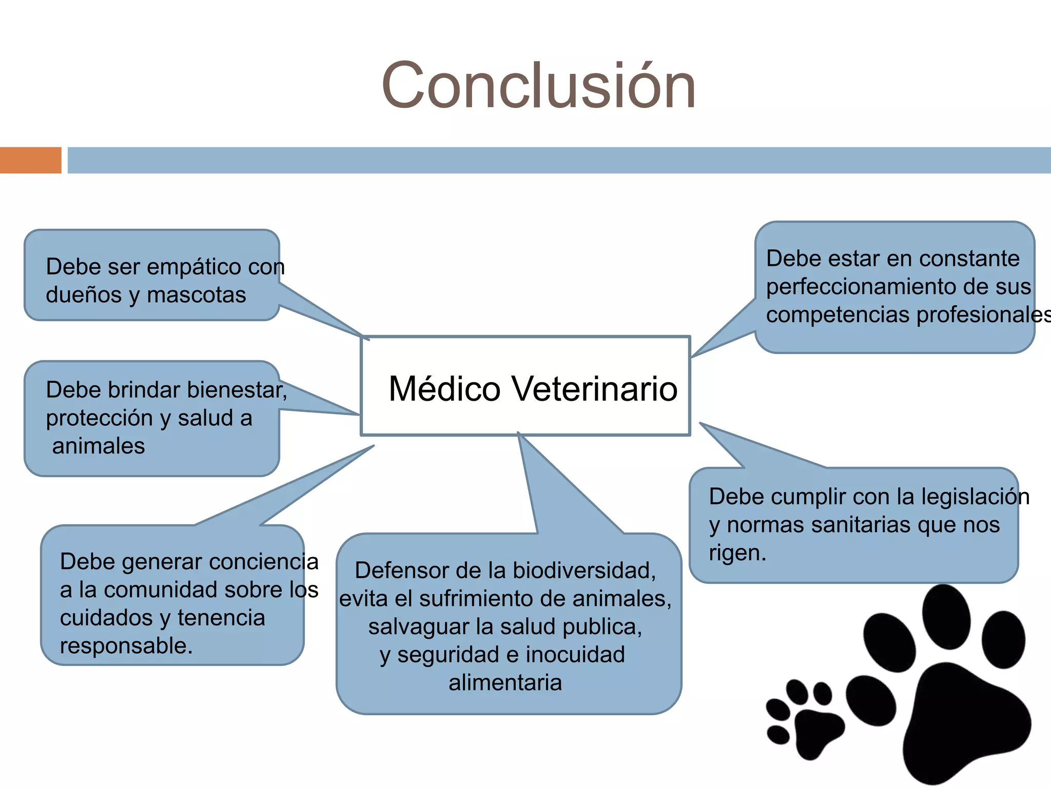 Conclusión

Debe estar en constante
perfeccionamiento de sus
competencias profesionales

Debe ser empático con
dueños y mascotas

Debe brindar bienestar,
protección y salud a
animales

Médico Veterinario

Debe generar conciencia
Defensor de la biodiversidad,
a la comunidad sobre los evita el sufrimiento de animales,
cuidados y tenencia
salvaguar la salud publica,
responsable.
y seguridad e inocuidad
alimentaria

Debe cumplir con la legislación
y normas sanitarias que nos
rigen.

 