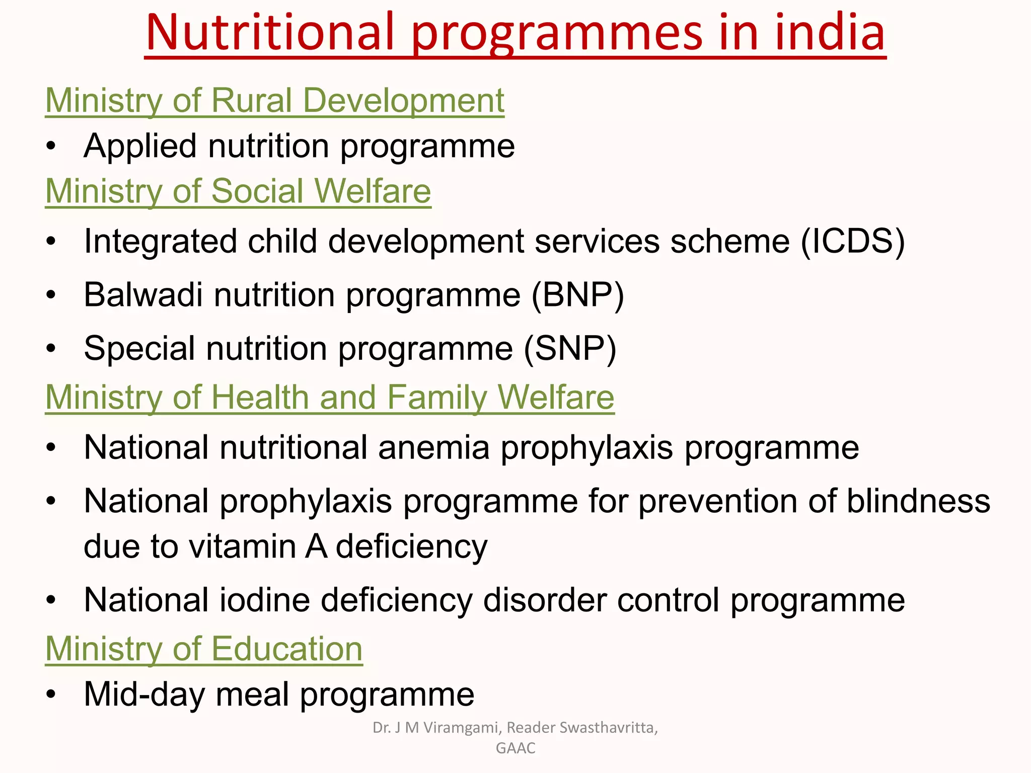 Nutritional programmes in india
Ministry of Rural Development
• Applied nutrition programme
Ministry of Social Welfare
• Integrated child development services scheme (ICDS)
• Balwadi nutrition programme (BNP)
• Special nutrition programme (SNP)
Ministry of Health and Family Welfare
• National nutritional anemia prophylaxis programme
• National prophylaxis programme for prevention of blindness
due to vitamin A deficiency
• National iodine deficiency disorder control programme
Ministry of Education
• Mid-day meal programme
Dr. J M Viramgami, Reader Swasthavritta,
GAAC
 