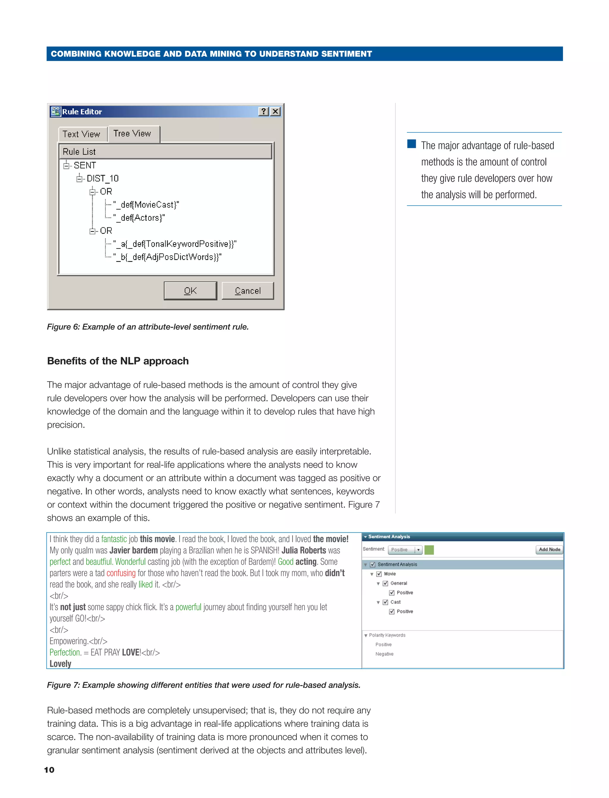COMBINING KNOWLEDGE AND DATA MINING TO UNDERSTAND SENTIMENT




                                                                                                          ■	 The major advantage of rule-based
                                                                                                             methods is the amount of control
                                                                                                             they give rule developers over how
                                                                                                             the analysis will be performed.




Figure 6: Example of an attribute-level sentiment rule.



Benefits of the NLP approach

The major advantage of rule-based methods is the amount of control they give
rule developers over how the analysis will be performed. Developers can use their
knowledge of the domain and the language within it to develop rules that have high
precision.

Unlike statistical analysis, the results of rule-based analysis are easily interpretable.
This is very important for real-life applications where the analysts need to know
exactly why a document or an attribute within a document was tagged as positive or
negative. In other words, analysts need to know exactly what sentences, keywords
or context within the document triggered the positive or negative sentiment. Figure 7
shows an example of this.

 I think they did a fantastic job this movie. I read the book, I loved the book, and I loved the movie!
 My only qualm was Javier bardem playing a Brazilian when he is SPANISH! Julia Roberts was
 perfect and beautfiul. Wonderful casting job (with the exception of Bardem)! Good acting. Some
 parters were a tad confusing for those who haven’t read the book. But I took my mom, who didn’t
 read the book, and she really liked it. br/
 br/
 It’s not just some sappy chick flick. It’s a powerful journey about finding yourself hen you let
 yourself GO!br/
 br/
 Empowering.br/
 Perfection. = EAT PRAY LOVE!br/
 Lovely

Figure 7: Example showing different entities that were used for rule-based analysis.


Rule-based methods are completely unsupervised; that is, they do not require any
training data. This is a big advantage in real-life applications where training data is
scarce. The non-availability of training data is more pronounced when it comes to
granular sentiment analysis (sentiment derived at the objects and attributes level).

10
 