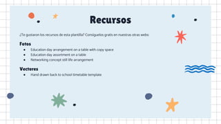 Recursos
¿Te gustaron los recursos de esta plantilla? Consíguelos gratis en nuestras otras webs:
Fotos
● Education day arrangement on a table with copy space
● Education day assortment on a table
● Networking concept still life arrangement
Vectores
● Hand drawn back to school timetable template
 