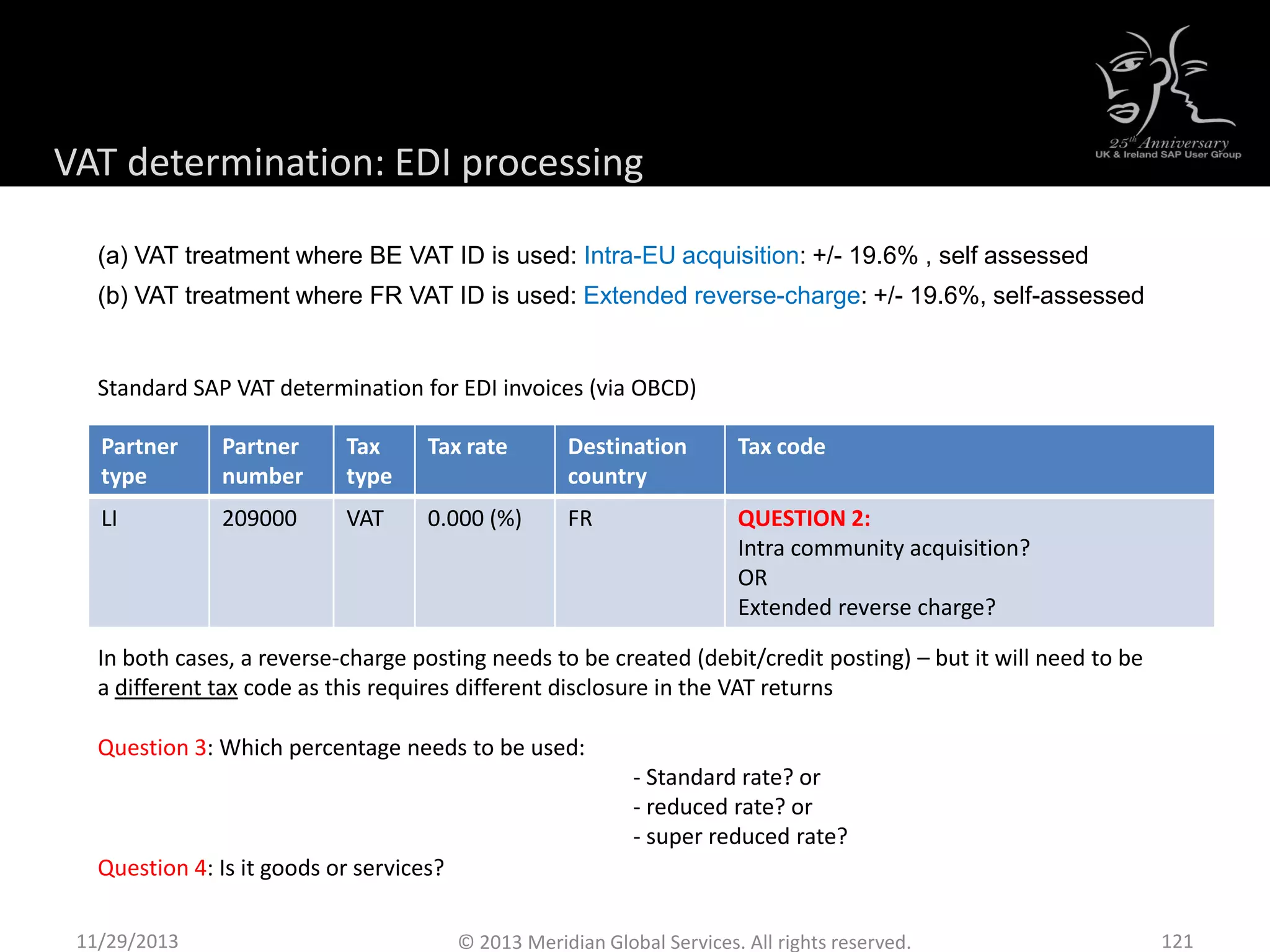 Partner
type
Partner
number
Tax
type
Tax rate Destination
country
Tax code
LI 209000 VAT 0.000 (%) FR QUESTION 2:
Intra community acquisition?
OR
Extended reverse charge?
Standard SAP VAT determination for EDI invoices (via OBCD)
In both cases, a reverse-charge posting needs to be created (debit/credit posting) – but it will need to be
a different tax code as this requires different disclosure in the VAT returns
Question 4: Is it goods or services?
(a) VAT treatment where BE VAT ID is used: Intra-EU acquisition: +/- 19.6% , self assessed
(b) VAT treatment where FR VAT ID is used: Extended reverse-charge: +/- 19.6%, self-assessed
Question 3: Which percentage needs to be used:
- Standard rate? or
- reduced rate? or
- super reduced rate?
11/29/2013 121© 2013 Meridian Global Services. All rights reserved.
VAT determination: EDI processing
 