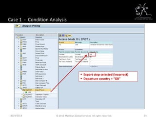 Case 1 - Condition Analysis
11/29/2013 24© 2013 Meridian Global Services. All rights reserved.
 Export step selected (incorrect)
 Departure country = “GB”
 