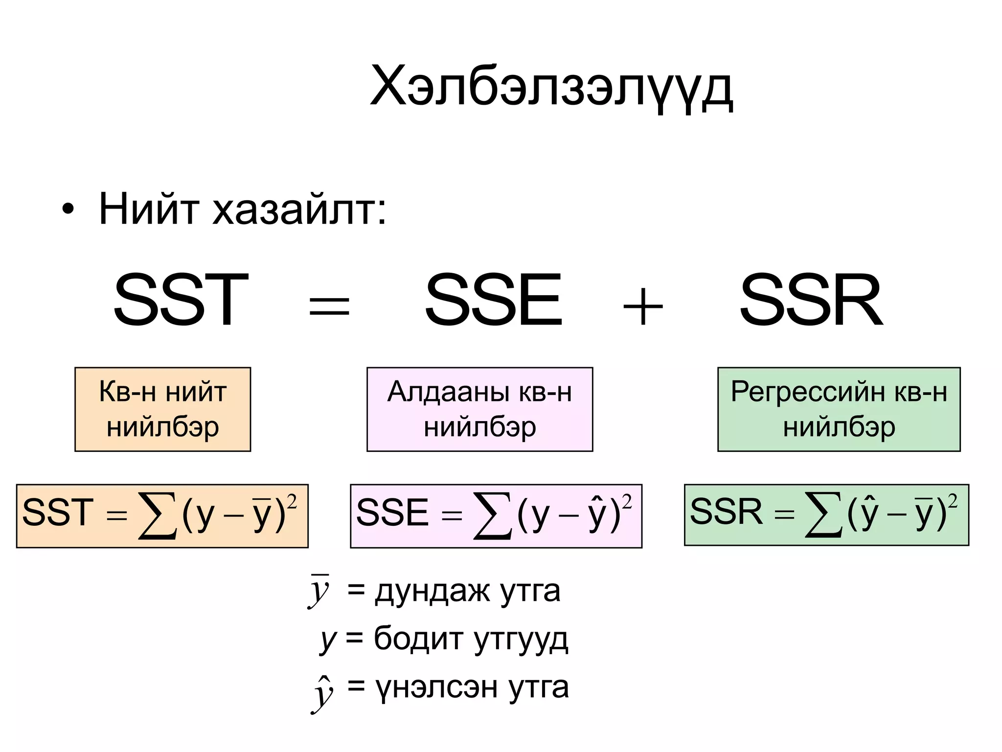 Хэлбэлзэлүүд

  • Нийт хазайлт:

     SST                  SSE                SSR
     Кв-н нийт           Алдааны кв-н         Регрессийн кв-н
     нийлбэр               нийлбэр               нийлбэр


SST   ( y  y )2     SSE   ( y  y )2
                                     ˆ      SSR   ( y  y )2
                                                      ˆ

                     y = дундаж утга
                     y = бодит утгууд
                     ˆ
                     y = үнэлсэн утга
 