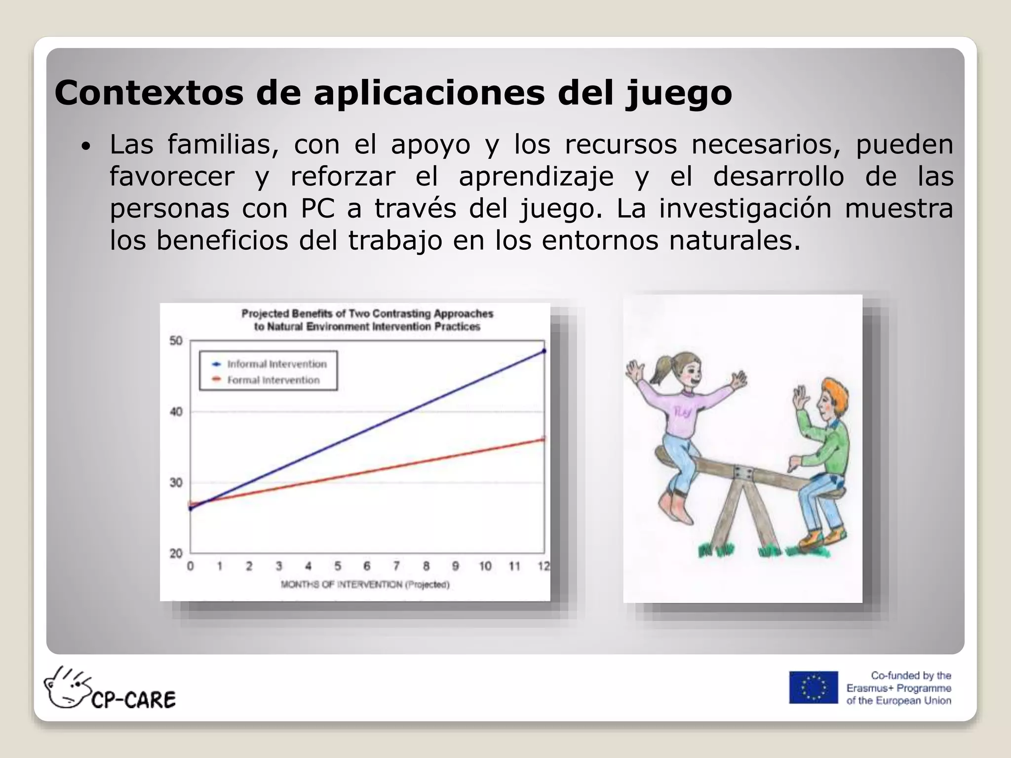Contextos de aplicaciones del juego
 Las familias, con el apoyo y los recursos necesarios, pueden
favorecer y reforzar el aprendizaje y el desarrollo de las
personas con PC a través del juego. La investigación muestra
los beneficios del trabajo en los entornos naturales.
 