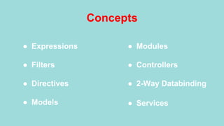 Concepts
●  Expressions
●  Filters
●  Directives
●  Models
●  Modules
●  Controllers
●  2-Way Databinding
●  Services
 