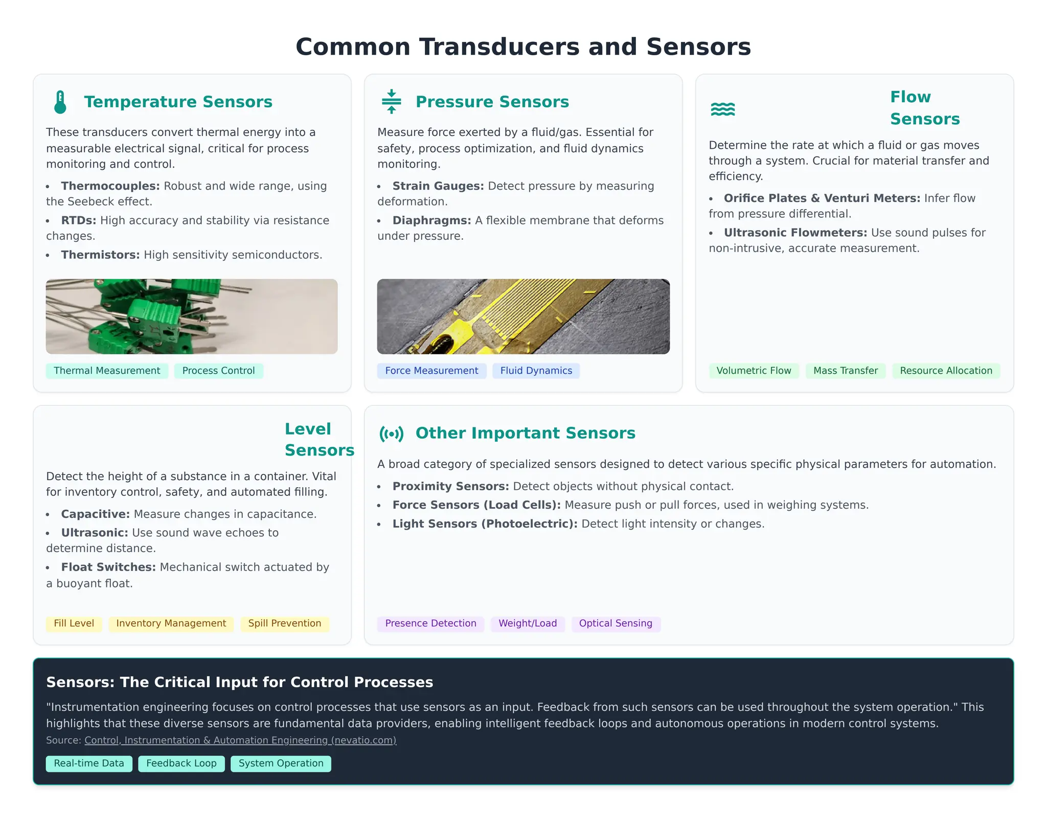Common Transducers and Sensors
thermostat Temperature Sensors
These transducers convert thermal energy into a
measurable electrical signal, critical for process
monitoring and control.
Thermocouples: Robust and wide range, using
the Seebeck effect.
RTDs: High accuracy and stability via resistance
changes.
Thermistors: High sensitivity semiconductors.
Thermal Measurement Process Control
compress Pressure Sensors
Measure force exerted by a fluid/gas. Essential for
safety, process optimization, and fluid dynamics
monitoring.
Strain Gauges: Detect pressure by measuring
deformation.
Diaphragms: A flexible membrane that deforms
under pressure.
Force Measurement Fluid Dynamics
water_full Flow
Sensors
Determine the rate at which a fluid or gas moves
through a system. Crucial for material transfer and
efficiency.
Orifice Plates & Venturi Meters: Infer flow
from pressure differential.
Ultrasonic Flowmeters: Use sound pulses for
non-intrusive, accurate measurement.
Volumetric Flow Mass Transfer Resource Allocation
altitude Level
Sensors
Detect the height of a substance in a container. Vital
for inventory control, safety, and automated filling.
Capacitive: Measure changes in capacitance.
Ultrasonic: Use sound wave echoes to
determine distance.
Float Switches: Mechanical switch actuated by
a buoyant float.
Fill Level Inventory Management Spill Prevention
sensors Other Important Sensors
A broad category of specialized sensors designed to detect various specific physical parameters for automation.
Proximity Sensors: Detect objects without physical contact.
Force Sensors (Load Cells): Measure push or pull forces, used in weighing systems.
Light Sensors (Photoelectric): Detect light intensity or changes.
Presence Detection Weight/Load Optical Sensing
Sensors: The Critical Input for Control Processes
"Instrumentation engineering focuses on control processes that use sensors as an input. Feedback from such sensors can be used throughout the system operation." This
highlights that these diverse sensors are fundamental data providers, enabling intelligent feedback loops and autonomous operations in modern control systems.
Source: Control, Instrumentation & Automation Engineering (nevatio.com)
Real-time Data Feedback Loop System Operation
 