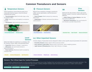 Common Transducers and Sensors
thermostat Temperature Sensors
These transducers convert thermal energy into a
measurable electrical signal, critical for process
monitoring and control.
Thermocouples: Robust and wide range, using
the Seebeck effect.
RTDs: High accuracy and stability via resistance
changes.
Thermistors: High sensitivity semiconductors.
Thermal Measurement Process Control
compress Pressure Sensors
Measure force exerted by a fluid/gas. Essential for
safety, process optimization, and fluid dynamics
monitoring.
Strain Gauges: Detect pressure by measuring
deformation.
Diaphragms: A flexible membrane that deforms
under pressure.
Force Measurement Fluid Dynamics
water_full Flow
Sensors
Determine the rate at which a fluid or gas moves
through a system. Crucial for material transfer and
efficiency.
Orifice Plates & Venturi Meters: Infer flow
from pressure differential.
Ultrasonic Flowmeters: Use sound pulses for
non-intrusive, accurate measurement.
Volumetric Flow Mass Transfer Resource Allocation
altitude Level
Sensors
Detect the height of a substance in a container. Vital
for inventory control, safety, and automated filling.
Capacitive: Measure changes in capacitance.
Ultrasonic: Use sound wave echoes to
determine distance.
Float Switches: Mechanical switch actuated by
a buoyant float.
Fill Level Inventory Management Spill Prevention
sensors Other Important Sensors
A broad category of specialized sensors designed to detect various specific physical parameters for automation.
Proximity Sensors: Detect objects without physical contact.
Force Sensors (Load Cells): Measure push or pull forces, used in weighing systems.
Light Sensors (Photoelectric): Detect light intensity or changes.
Presence Detection Weight/Load Optical Sensing
Sensors: The Critical Input for Control Processes
"Instrumentation engineering focuses on control processes that use sensors as an input. Feedback from such sensors can be used throughout the system operation." This
highlights that these diverse sensors are fundamental data providers, enabling intelligent feedback loops and autonomous operations in modern control systems.
Source: Control, Instrumentation & Automation Engineering (nevatio.com)
Real-time Data Feedback Loop System Operation
 