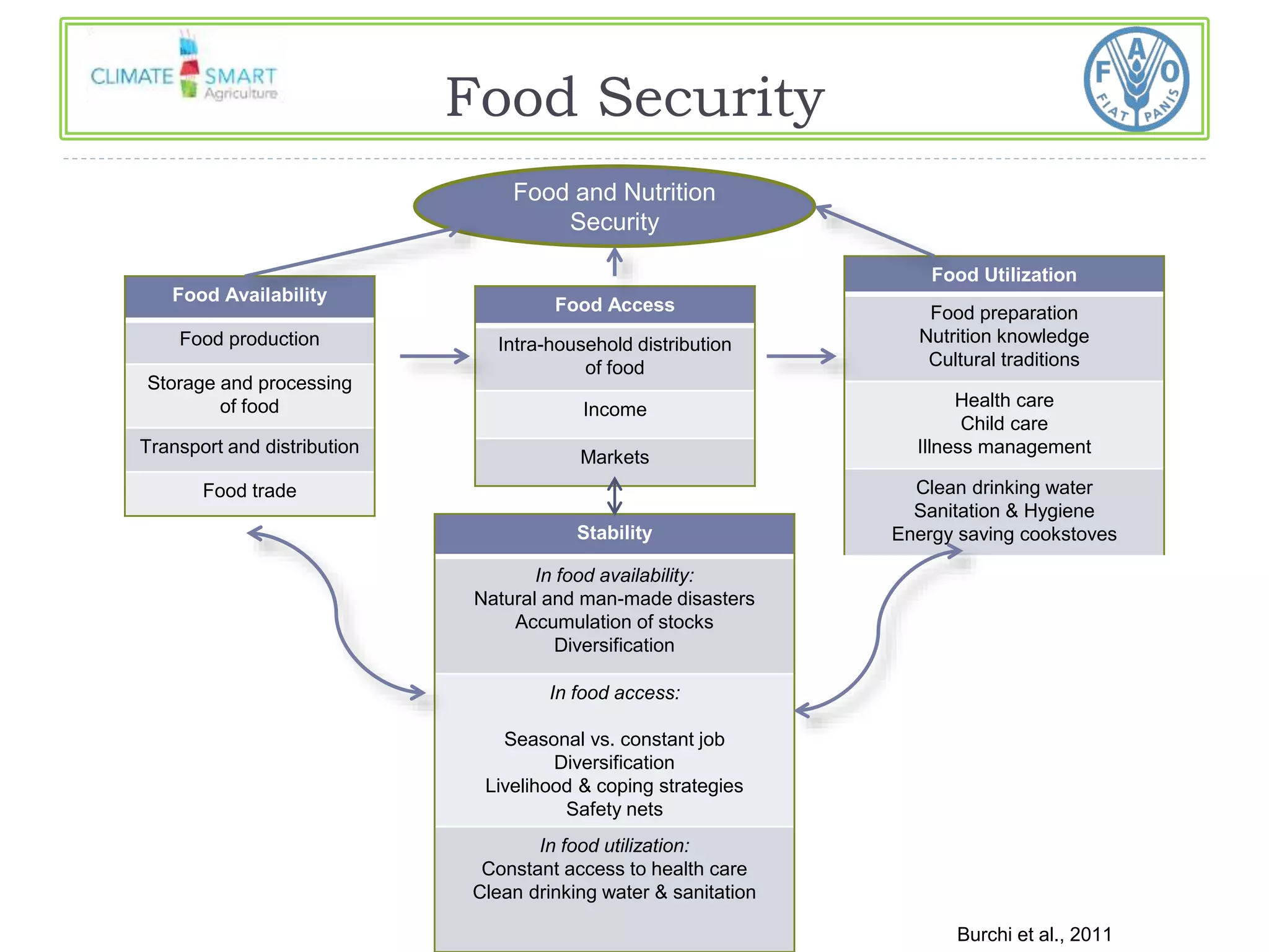 Food and Nutrition 
Security 
Food Availability 
Food production 
Storage and processing 
of food 
Transport and distribution 
Food trade 
Food Access 
Intra-household distribution 
of food 
Income 
Markets 
Food Utilization 
Food preparation 
Nutrition knowledge 
Cultural traditions 
Health care 
Child care 
Illness management 
Clean drinking water 
Sanitation & Hygiene 
Stability Energy saving cookstoves 
In food availability: 
Natural and man-made disasters 
Accumulation of stocks 
Diversification 
In food access: 
Seasonal vs. constant job 
Diversification 
Livelihood & coping strategies 
Safety nets 
In food utilization: 
Constant access to health care 
Clean drinking water & sanitation 
Burchi et al., 2011 
Food Security 
 