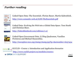 DATASUPPORTOPEN
References
Slide 6:
• EUCLID. Course 1: Introduction and Application Scenarios. http://www.euclid-
project.eu/modules/course1
• Linking Open Data cloud diagram, by Richard Cyganiak and Anja Jentzsch. http://lod-
cloud.net/
Slides 8:, 13, 36, 38:
• ISA Programme. Case study on how Linked Data is transforming eGovernment.
https://joinup.ec.europa.eu/community/semic/document/case-study-how-linked-data-
transforming-egovernment
• Tim Berners-Lee. Linked Data. http://www.w3.org/DesignIssues/LinkedData.html
Slide 9:,
• ISA Programme Study on Business Models for LOGD
https://joinup.ec.europa.eu/community/semic/document/study-business-models-linked-
open-government-data-bm4logd
Slide 12:
• The Open Knowledge Foundation. Open Data – An Introduction. http://okfn.org/opendata/
Slides 18-28:
• 5 ★ Open Data. http://5stardata.info/
Slide 19:
• UK National Archives, Sustainable development targets 2011-12.
Slide 21:
• Data.gov.uk. Housing stock. http://data.gov.uk/dataset/uk-housing-stock
Slide 23:
• Data.gov.uk. Road Safety Data. http://data.gov.uk/dataset/road-accidents-safety-data
Slide 25 & 27:
• ISA Organization Ontology pilot - Linking public sector's organisational data,
https://joinup.ec.europa.eu/asset/core_business/document/organization-ontology-pilot-
linking-public-sectors-organisational-data
http://data.ydmed.gov.gr/
Slide 37:
• ISA Programme. Core Location Pilot - Interconnecting Belgian Address Data.
https://joinup.ec.europa.eu/asset/core_location/document/core-location-pilot-
interconnecting-belgian-address-data
Slides 30-34:
• Open Refine: https://github.com/OpenRefine
• RDF Extension: http://refine.deri.ie/
• ISA Programme, Linking data about applications and decisions for authorisation of PPP,
http://joinup.ec.europa.eu/asset/core_business/document/linking-data-about-applications-
and-decisions-authorisation-ppp
Slide 40
• Bibliotheksverbund Bayern, http://lod.b3kat.de/doc
• Agenzia per l’Italia Digitale, http://spcdata.digitpa.gov.it/data.html
• NL – Building and address register, http://lod.Geodan.nl
• UK Ordnance Survey, http://data.ordnancesurvey.co.uk/
• UK Companies House, http://companieshouse.gov.uk/
Slide 47
 