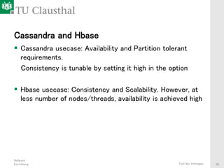 Referent
Einrichtung Titel des Vortrages 26
 Cassandra usecase: Availability and Partition tolerant
requirements.
Consistency is tunable by setting it high in the option
 Hbase usecase: Consistency and Scalability. However, at
less number of nodes/threads, availability is achieved high
Cassandra and Hbase
 
