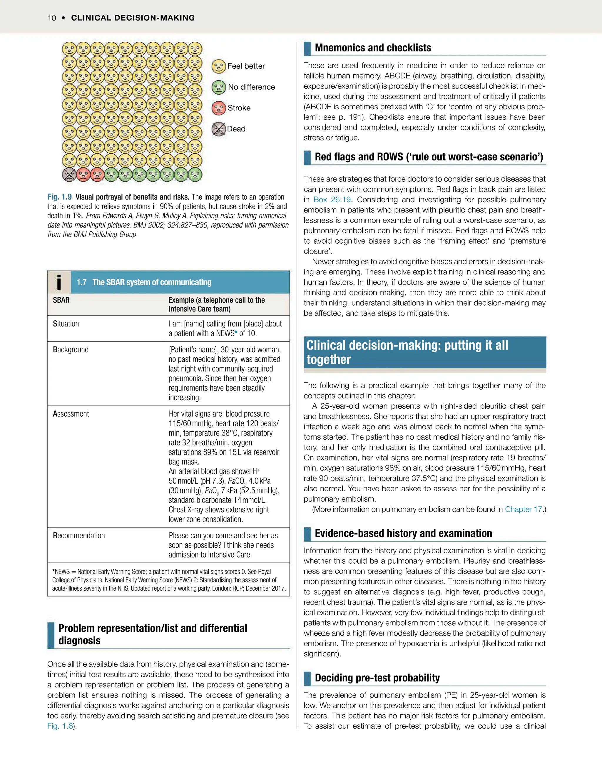 10  CLINICAL DECISION-MAKING
Problem representation/list and differential
diagnosis
Once all the available data from history, physical examination and (some-
times) initial test results are available, these need to be synthesised into
a problem representation or problem list. The process of generating a
problem list ensures nothing is missed. The process of generating a
differential diagnosis works against anchoring on a particular diagnosis
too early, thereby avoiding search satiscing and premature closure (see
Fig. 1.6).
Mnemonics and checklists
These are used frequently in medicine in order to reduce reliance on
fallible human memory. ABCDE (airway, breathing, circulation, disability,
exposure/examination) is probably the most successful checklist in med-
icine, used during the assessment and treatment of critically ill patients
(ABCDE is sometimes prexed with ‘C’ for ‘control of any obvious prob-
lem’; see p. 191). Checklists ensure that important issues have been
considered and completed, especially under conditions of complexity,
stress or fatigue.
Red ags and ROWS (‘rule out worst-case scenario’)
These are strategies that force doctors to consider serious diseases that
can present with common symptoms. Red ags in back pain are listed
in Box 26.19. Considering and investigating for possible pulmonary
embolism in patients who present with pleuritic chest pain and breath-
lessness is a common example of ruling out a worst-case scenario, as
pulmonary embolism can be fatal if missed. Red ags and ROWS help
to avoid cognitive biases such as the ‘framing effect’ and ‘premature
closure’.
Newer strategies to avoid cognitive biases and errors in decision-mak-
ing are emerging. These involve explicit training in clinical reasoning and
human factors. In theory, if doctors are aware of the science of human
thinking and decision-making, then they are more able to think about
their thinking, understand situations in which their decision-making may
be affected, and take steps to mitigate this.
Clinical decision-making: putting it all
together
The following is a practical example that brings together many of the
concepts outlined in this chapter:
A 25-year-old woman presents with right-sided pleuritic chest pain
and breathlessness. She reports that she had an upper respiratory tract
infection a week ago and was almost back to normal when the symp-
toms started. The patient has no past medical history and no family his-
tory, and her only medication is the combined oral contraceptive pill.
On examination, her vital signs are normal (respiratory rate 19 breaths/
min, oxygen saturations 98% on air, blood pressure 115/60mmHg, heart
rate 90 beats/min, temperature 37.5°C) and the physical examination is
also normal. You have been asked to assess her for the possibility of a
pulmonary embolism.
(More information on pulmonary embolism can be found in Chapter 17.)
Evidence-based history and examination
Information from the history and physical examination is vital in deciding
whether this could be a pulmonary embolism. Pleurisy and breathless-
ness are common presenting features of this disease but are also com-
mon presenting features in other diseases. There is nothing in the history
to suggest an alternative diagnosis (e.g. high fever, productive cough,
recent chest trauma). The patient’s vital signs are normal, as is the phys-
ical examination. However, very few individual ndings help to distinguish
patients with pulmonary embolism from those without it. The presence of
wheeze and a high fever modestly decrease the probability of pulmonary
embolism. The presence of hypoxaemia is unhelpful (likelihood ratio not
signicant).
Deciding pre-test probability
The prevalence of pulmonary embolism (PE) in 25-year-old women is
low. We anchor on this prevalence and then adjust for individual patient
factors. This patient has no major risk factors for pulmonary embolism.
To assist our estimate of pre-test probability, we could use a clinical
1.7 The SBAR system of communicating
SBAR Example (a telephone call to the
Intensive Care team)
Situation I am [name] calling from [place] about
a patient with a NEWS* of 10.
Background [Patient’s name], 30-year-old woman,
no past medical history, was admitted
last night with community-acquired
pneumonia. Since then her oxygen
requirements have been steadily
increasing.
Assessment Her vital signs are: blood pressure
115/60mmHg, heart rate 120 beats/
min, temperature 38°C, respiratory
rate 32 breaths/min, oxygen
saturations 89% on 15L via reservoir
bag mask.
An arterial blood gas shows H+
50nmol/L (pH 7.3), PaCO2
4.0kPa
(30mmHg), PaO2
7kPa (52.5mmHg),
standard bicarbonate 14mmol/L.
Chest X-ray shows extensive right
lower zone consolidation.
Recommendation Please can you come and see her as
soon as possible? I think she needs
admission to Intensive Care.
*NEWS = National Early Warning Score; a patient with normal vital signs scores 0. See Royal
College of Physicians. National Early Warning Score (NEWS) 2: Standardising the assessment of
acute-illness severity in the NHS. Updated report of a working party. London: RCP; December 2017.
Feel better
No difference
Stroke
Dead
Fig. 1.9 Visual portrayal of benets and risks. The image refers to an operation
that is expected to relieve symptoms in 90% of patients, but cause stroke in 2% and
death in 1%. From Edwards A, Elwyn G, Mulley A. Explaining risks: turning numerical
data into meaningful pictures. BMJ 2002; 324:827–830, reproduced with permission
from the BMJ Publishing Group.
 