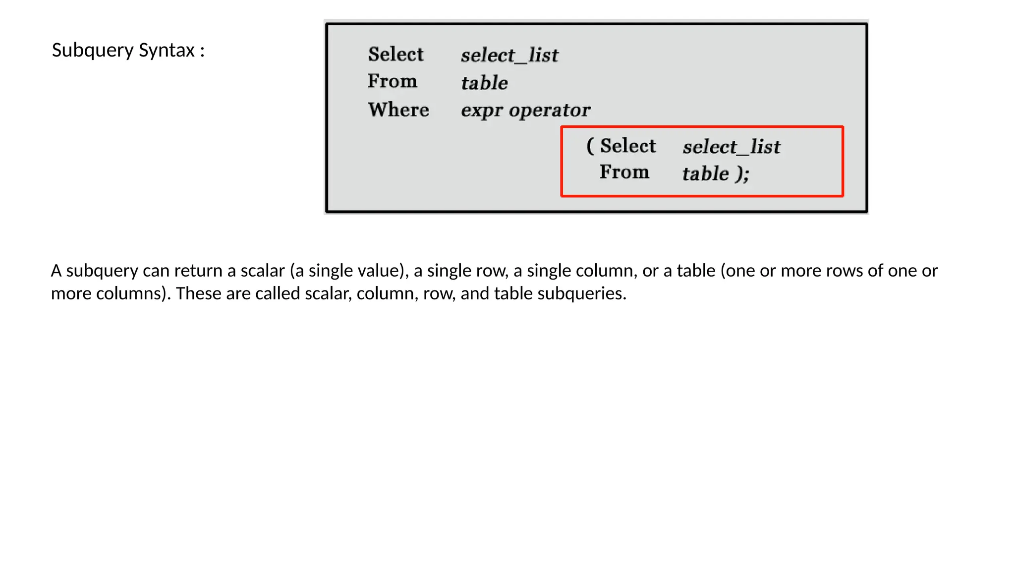 Subquery Syntax :
A subquery can return a scalar (a single value), a single row, a single column, or a table (one or more rows of one or
more columns). These are called scalar, column, row, and table subqueries.
 