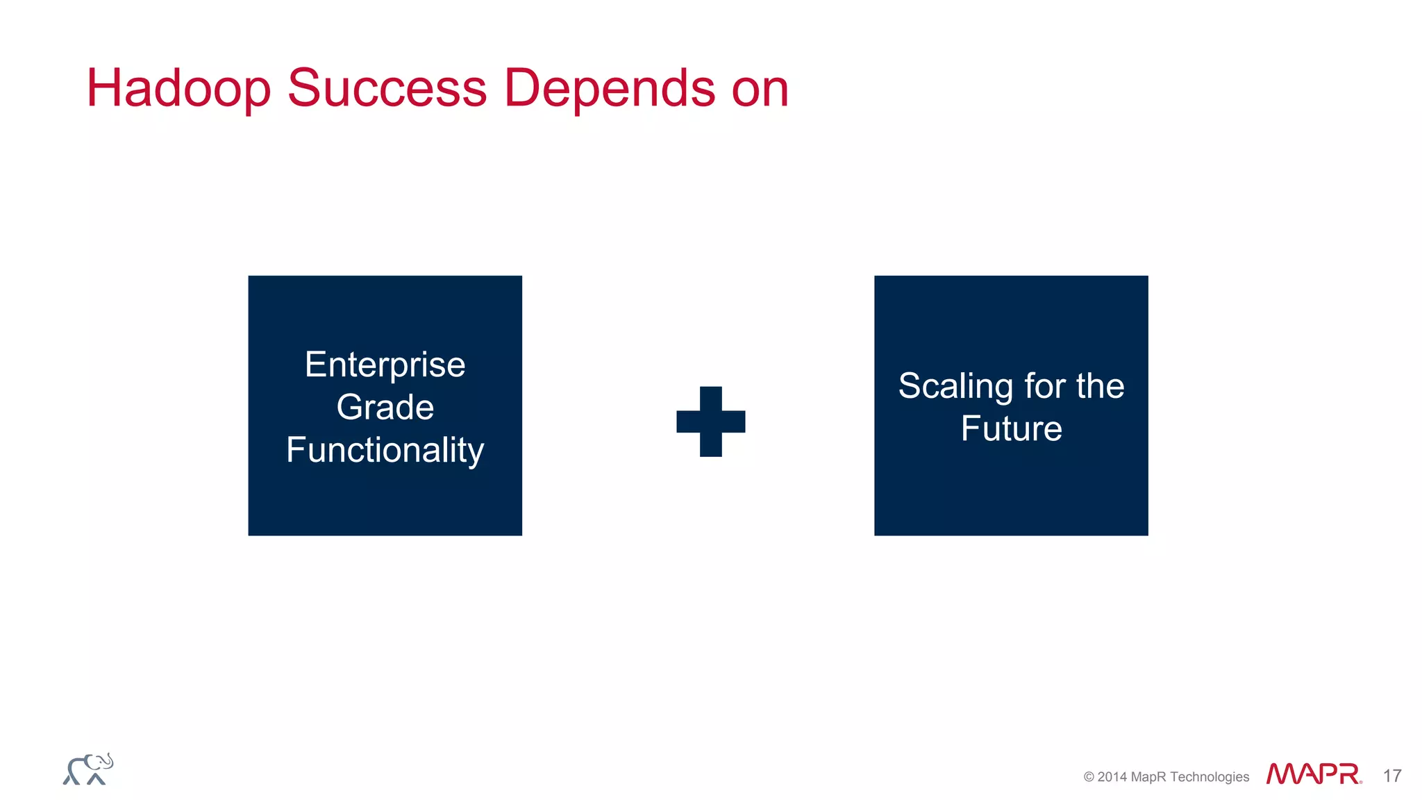 © 2014 MapR Technologies 17
Hadoop Success Depends on
Enterprise
Grade
Functionality
Scaling for the
Future
 
