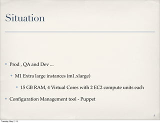 Situation
✤ Prod , QA and Dev ...
✤ M1 Extra large instances (m1.xlarge)
✤ 15 GB RAM, 4 Virtual Cores with 2 EC2 compute units each
✤ Conﬁguration Management tool - Puppet
5
Tuesday, May 7, 13
 