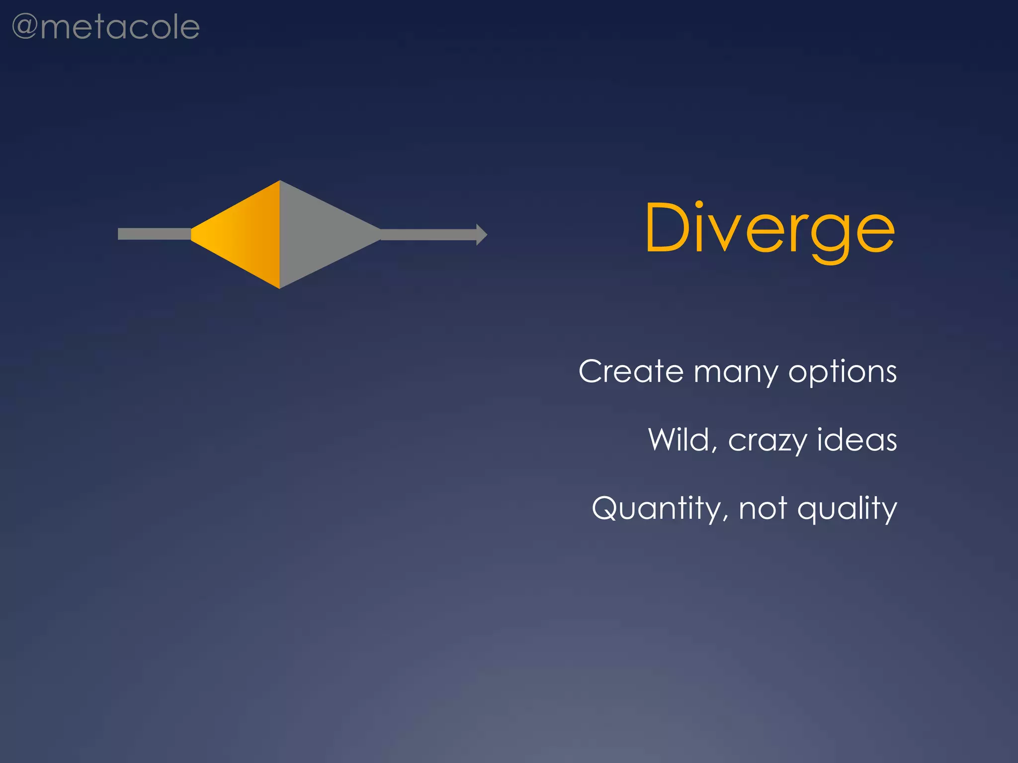 DivergeCreate many optionsWild, crazy ideasQuantity, not quality