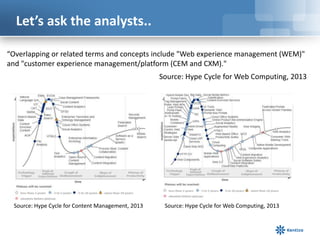 Let’s ask the analysts..
“Overlapping or related terms and concepts include "Web experience management (WEM)"
and "customer experience management/platform (CEM and CXM)."
Source: Hype Cycle for Web Computing, 2013

Source: Hype Cycle for Content Management, 2013

Source: Hype Cycle for Web Computing, 2013

 