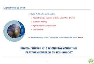 Digital Profile @ What

                         Digital Profile of a brand enables

                            Reach to a large segment of Online Users/ New Channel

                            Customer Profiling

                            Agile Customer Communication

                            Cost Effective



                         Helps in creating a “Buzz” around the brand keeping the brand “Fresh’




                                                 2
 