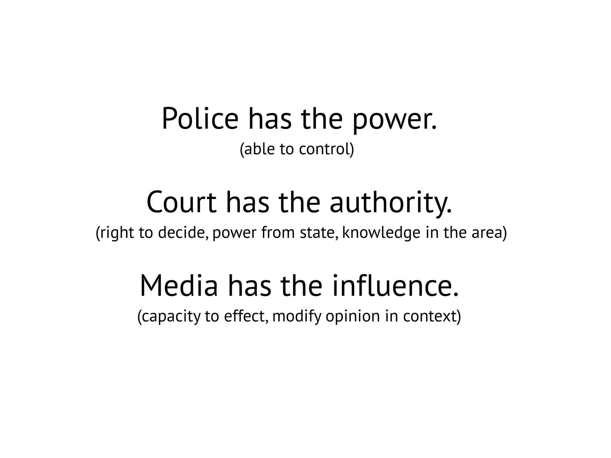 Police has the power.
(able to control)
Court has the authority.
(right to decide, power from state, knowledge in the area)
Media has the influence.
(capacity to effect, modify opinion in context)