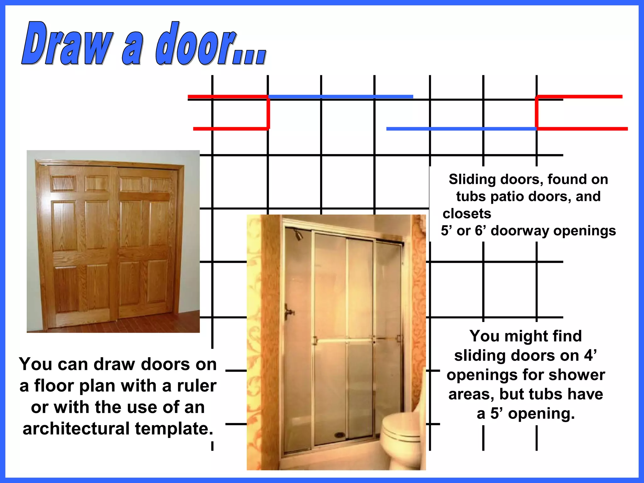 Sliding doors, found on
tubs patio doors, and
closets
5’ or 6’ doorway openings
You might find
sliding doors on 4’
openings for shower
areas, but tubs have
a 5’ opening.
You can draw doors on
a floor plan with a ruler
or with the use of an
architectural template.
 