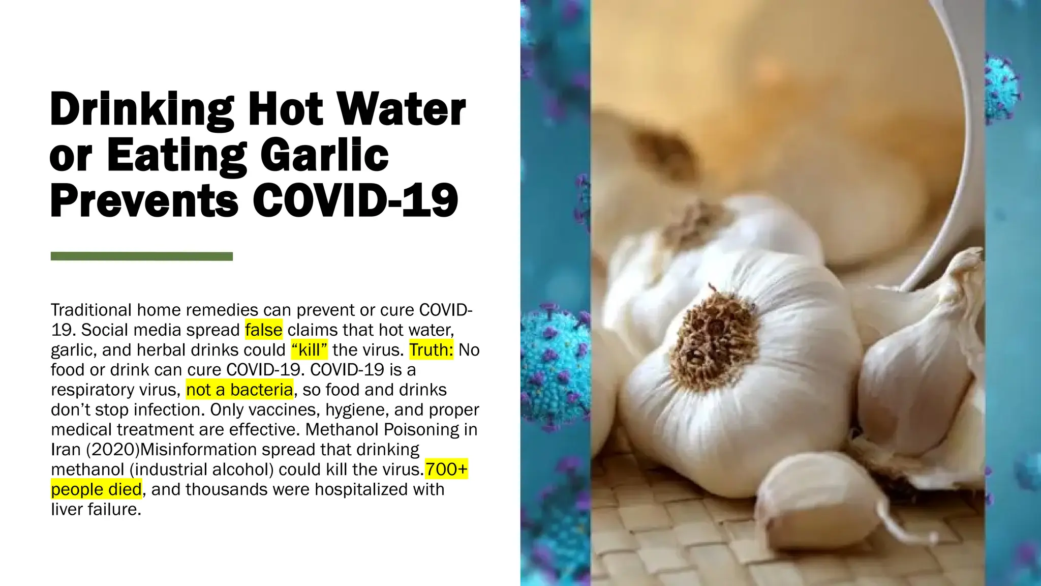 Drinking Hot Water
or Eating Garlic
Prevents COVID-19
Traditional home remedies can prevent or cure COVID-
19. Social media spread false claims that hot water,
garlic, and herbal drinks could “kill” the virus. Truth: No
food or drink can cure COVID-19. COVID-19 is a
respiratory virus, not a bacteria, so food and drinks
don’t stop infection. Only vaccines, hygiene, and proper
medical treatment are effective. Methanol Poisoning in
Iran (2020)Misinformation spread that drinking
methanol (industrial alcohol) could kill the virus.700+
people died, and thousands were hospitalized with
liver failure.
 