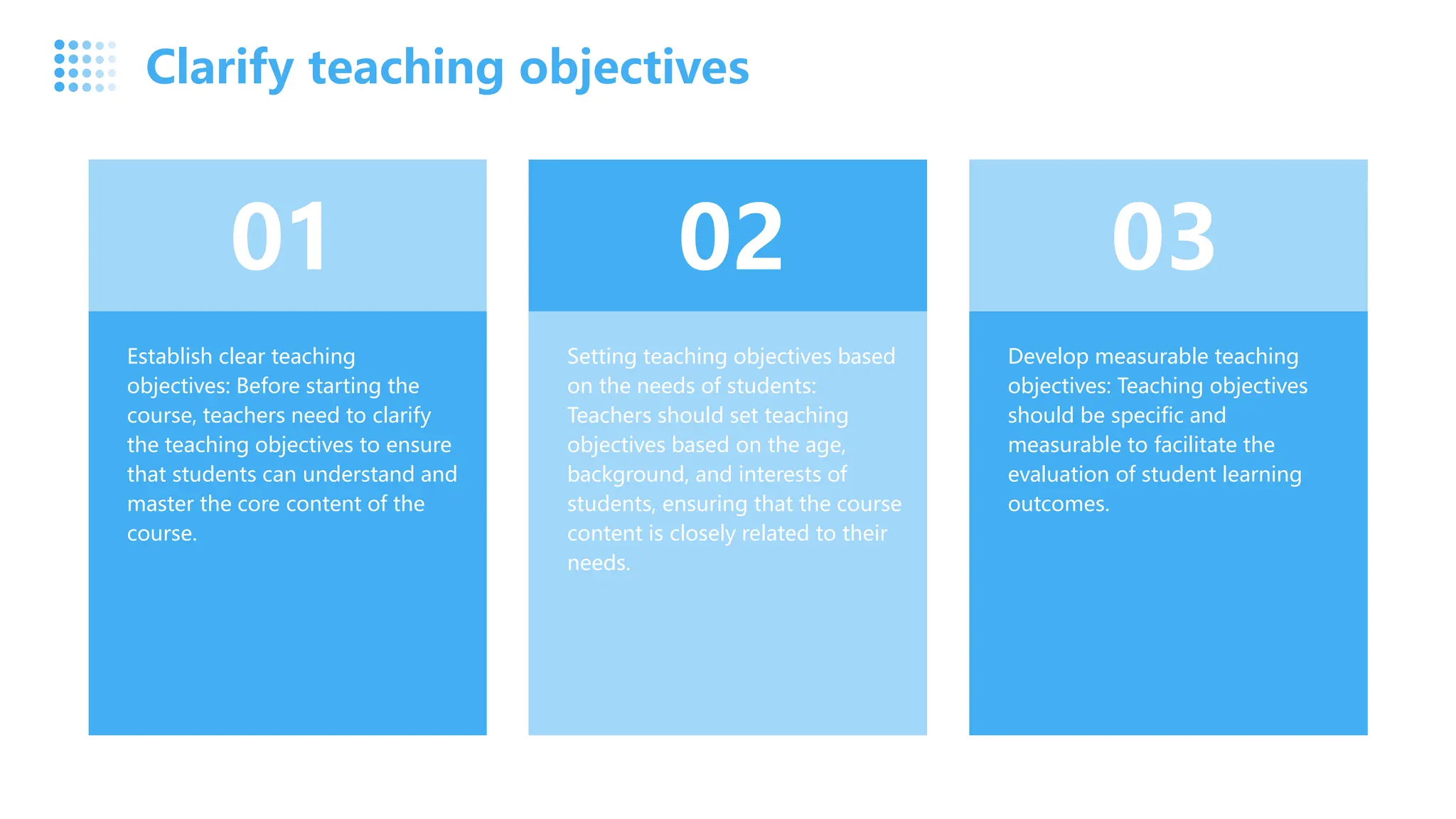 Establish clear teaching
objectives: Before starting the
course, teachers need to clarify
the teaching objectives to ensure
that students can understand and
master the core content of the
course.
Setting teaching objectives based
on the needs of students:
Teachers should set teaching
objectives based on the age,
background, and interests of
students, ensuring that the course
content is closely related to their
needs.
Develop measurable teaching
objectives: Teaching objectives
should be specific and
measurable to facilitate the
evaluation of student learning
outcomes.
01 02 03
Clarify teaching objectives
 