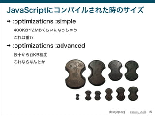 #atom_shelldescjop.org
JavaScriptにコンパイルされた時のサイズ
➡ :optimizations :simple
400KB∼2MBくらいになっちゃう
これは重い
➡ :optimizations :advanced
数十から百KB程度
これならなんとか
15
 