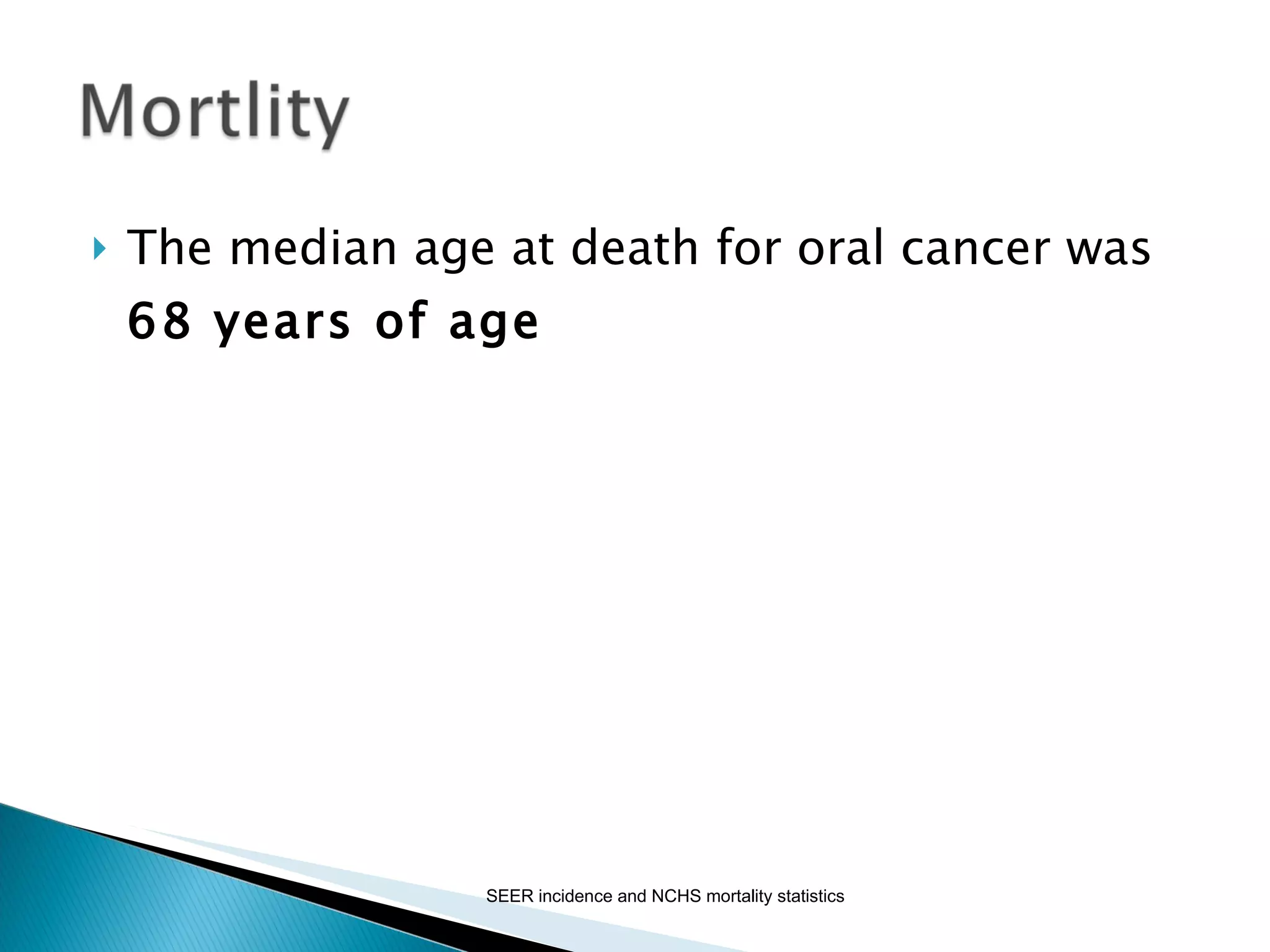 The median age at death for oral cancer was  68 years of age SEER incidence and NCHS mortality statistics 