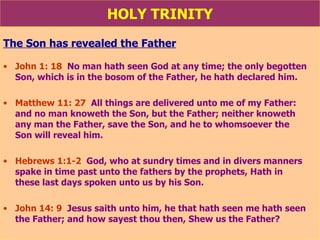 HOLY TRINITY The Son has revealed the Father John 1: 18   No man hath seen God at any time; the only begotten Son, which is in the bosom of the Father, he hath declared him. Matthew 11: 27   All things are delivered unto me of my Father:  and no man knoweth the Son, but the Father; neither knoweth  any man the Father, save the Son, and he to whomsoever the  Son will reveal him. Hebrews 1:1-2   God, who at sundry times and in divers manners spake in time past unto the fathers by the prophets, Hath in  these last days spoken unto us by his Son. John 14: 9   Jesus saith unto him, he that hath seen me hath seen the Father; and how sayest thou then, Shew us the Father? 