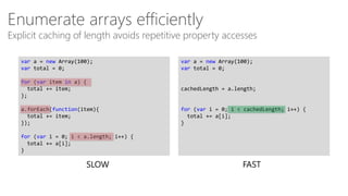 Enumerate arrays efficiently

Explicit caching of length avoids repetitive property accesses
var a = new Array(100);
var total = 0;

var a = new Array(100);
var total = 0;

for (var item in a) {
total += item;
};

cachedLength = a.length;

a.forEach(function(item){
total += item;
});

for (var i = 0; i < cachedLength; i++) {
total += a[i];
}

for (var i = 0; i < a.length; i++) {
total += a[i];
}

SLOW

FAST

 