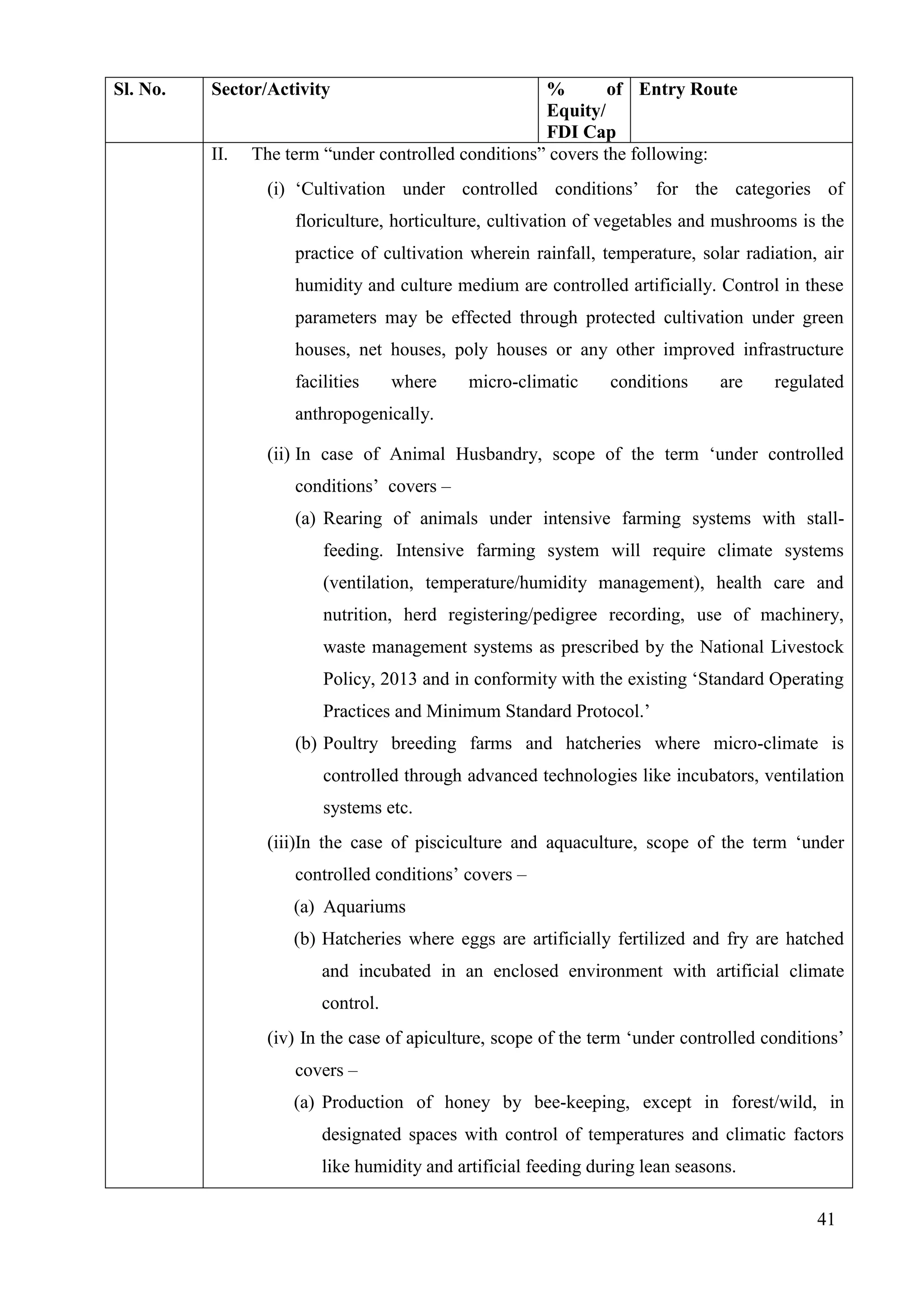 41
Sl. No. Sector/Activity % of
Equity/
FDI Cap
Entry Route
II. The term “under controlled conditions” covers the following:
(i) ‘Cultivation under controlled conditions’ for the categories of
floriculture, horticulture, cultivation of vegetables and mushrooms is the
practice of cultivation wherein rainfall, temperature, solar radiation, air
humidity and culture medium are controlled artificially. Control in these
parameters may be effected through protected cultivation under green
houses, net houses, poly houses or any other improved infrastructure
facilities where micro-climatic conditions are regulated
anthropogenically.
(ii) In case of Animal Husbandry, scope of the term ‘under controlled
conditions’ covers –
(a) Rearing of animals under intensive farming systems with stall-
feeding. Intensive farming system will require climate systems
(ventilation, temperature/humidity management), health care and
nutrition, herd registering/pedigree recording, use of machinery,
waste management systems as prescribed by the National Livestock
Policy, 2013 and in conformity with the existing ‘Standard Operating
Practices and Minimum Standard Protocol.’
(b) Poultry breeding farms and hatcheries where micro-climate is
controlled through advanced technologies like incubators, ventilation
systems etc.
(iii)In the case of pisciculture and aquaculture, scope of the term ‘under
controlled conditions’ covers –
(a) Aquariums
(b) Hatcheries where eggs are artificially fertilized and fry are hatched
and incubated in an enclosed environment with artificial climate
control.
(iv) In the case of apiculture, scope of the term ‘under controlled conditions’
covers –
(a) Production of honey by bee-keeping, except in forest/wild, in
designated spaces with control of temperatures and climatic factors
like humidity and artificial feeding during lean seasons.
 