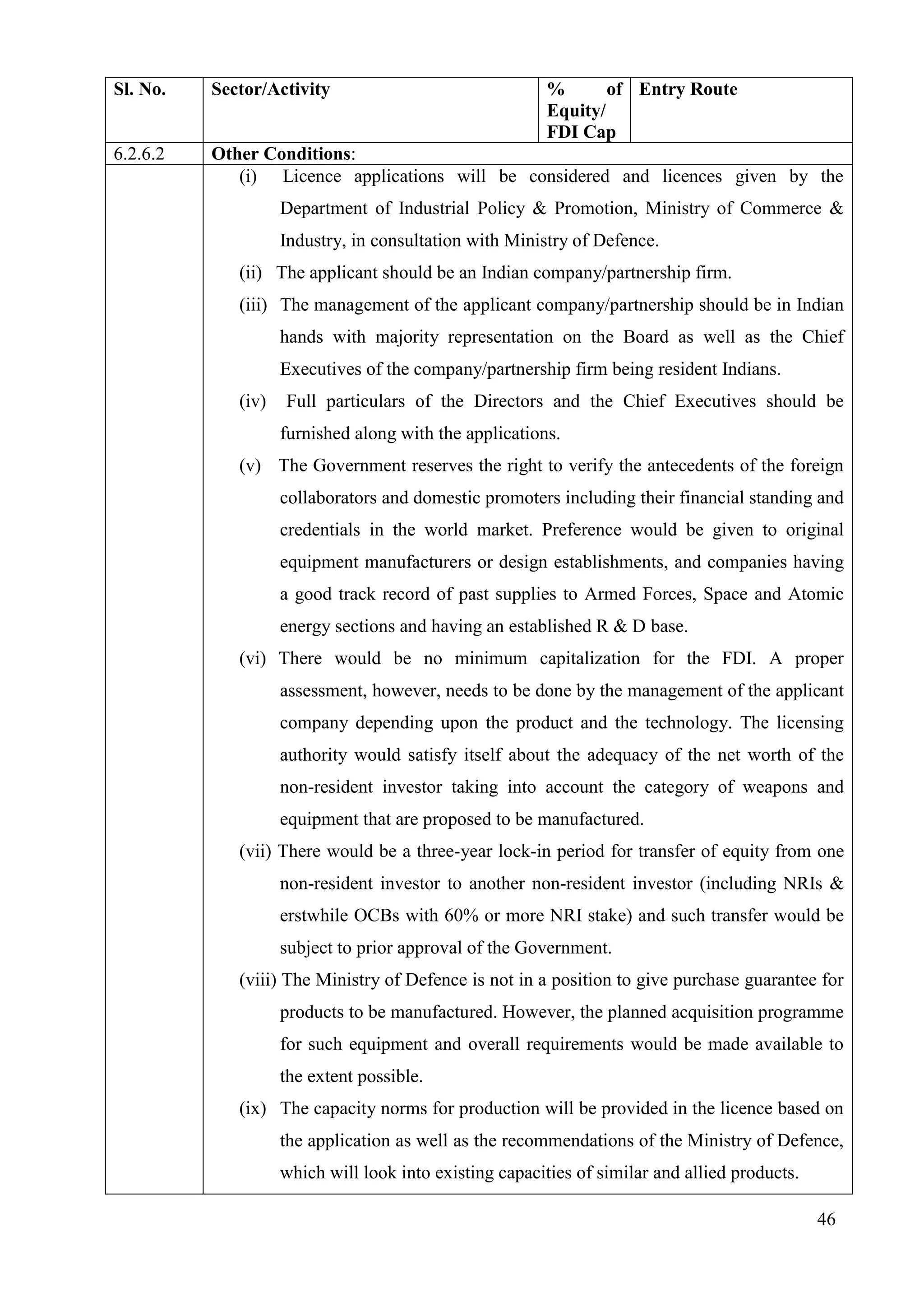 46
Sl. No. Sector/Activity % of
Equity/
FDI Cap
Entry Route
6.2.6.2 Other Conditions:
(i) Licence applications will be considered and licences given by the
Department of Industrial Policy & Promotion, Ministry of Commerce &
Industry, in consultation with Ministry of Defence.
(ii) The applicant should be an Indian company/partnership firm.
(iii) The management of the applicant company/partnership should be in Indian
hands with majority representation on the Board as well as the Chief
Executives of the company/partnership firm being resident Indians.
(iv) Full particulars of the Directors and the Chief Executives should be
furnished along with the applications.
(v) The Government reserves the right to verify the antecedents of the foreign
collaborators and domestic promoters including their financial standing and
credentials in the world market. Preference would be given to original
equipment manufacturers or design establishments, and companies having
a good track record of past supplies to Armed Forces, Space and Atomic
energy sections and having an established R & D base.
(vi) There would be no minimum capitalization for the FDI. A proper
assessment, however, needs to be done by the management of the applicant
company depending upon the product and the technology. The licensing
authority would satisfy itself about the adequacy of the net worth of the
non-resident investor taking into account the category of weapons and
equipment that are proposed to be manufactured.
(vii) There would be a three-year lock-in period for transfer of equity from one
non-resident investor to another non-resident investor (including NRIs &
erstwhile OCBs with 60% or more NRI stake) and such transfer would be
subject to prior approval of the Government.
(viii) The Ministry of Defence is not in a position to give purchase guarantee for
products to be manufactured. However, the planned acquisition programme
for such equipment and overall requirements would be made available to
the extent possible.
(ix) The capacity norms for production will be provided in the licence based on
the application as well as the recommendations of the Ministry of Defence,
which will look into existing capacities of similar and allied products.
 