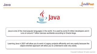 Copyright Intellipaat. All rights reserved.
Java
Java is one of the most popular languages in the world. It is used by some 9 million developers and it
runs on around 7 billion devices worldwide according to Oracle blogs.
Learning Java in 2021 will allow you to work in Legacy projects efficiently and very easily because the
object-oriented approach will allow you to understand code very easily.
 