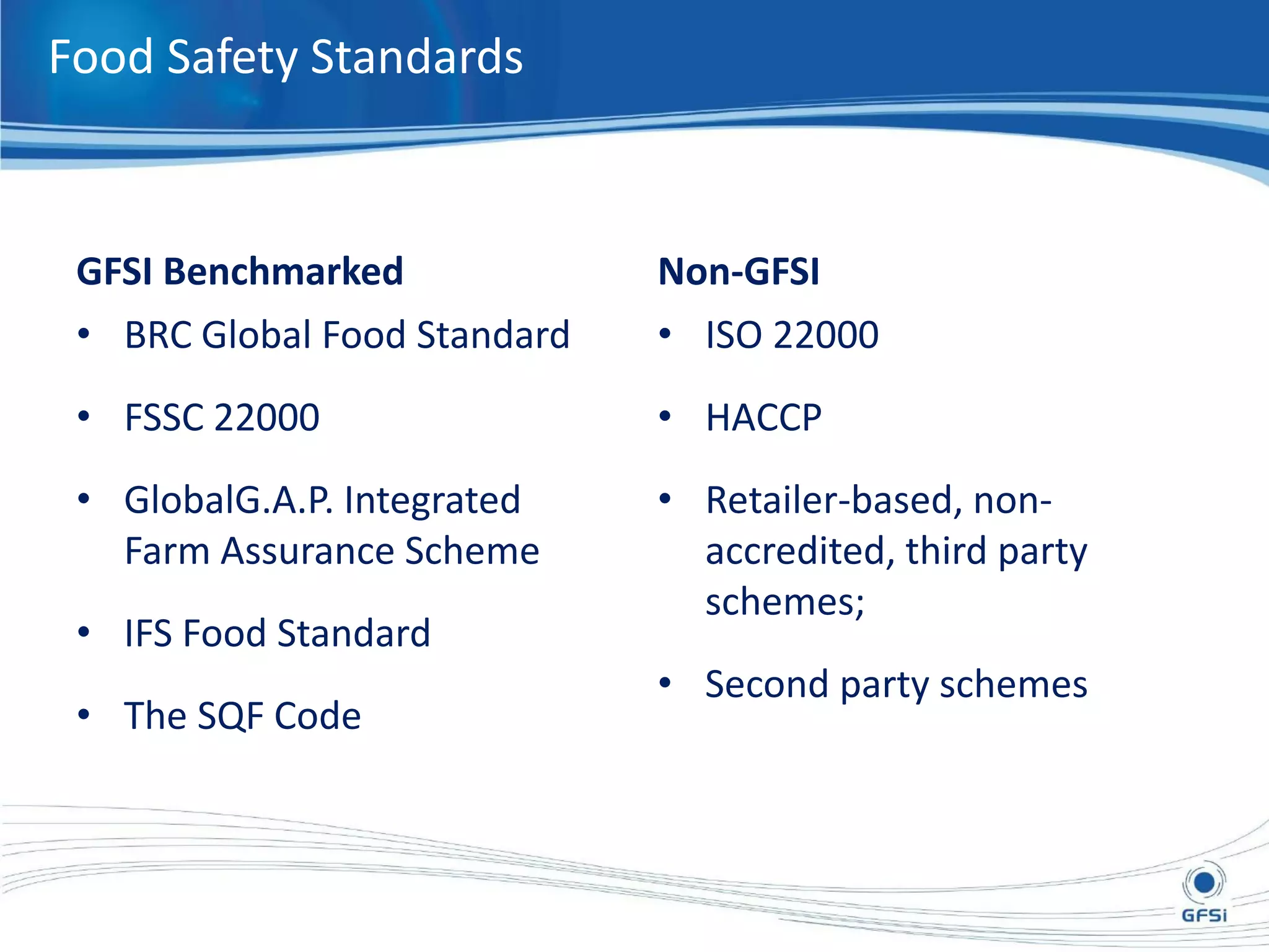 GFSI Benchmarked
• BRC Global Food Standard
• FSSC 22000
• GlobalG.A.P. Integrated
Farm Assurance Scheme
• IFS Food Standard
• The SQF Code
Non-GFSI
• ISO 22000
• HACCP
• Retailer-based, non-
accredited, third party
schemes;
• Second party schemes
Food Safety Standards
 