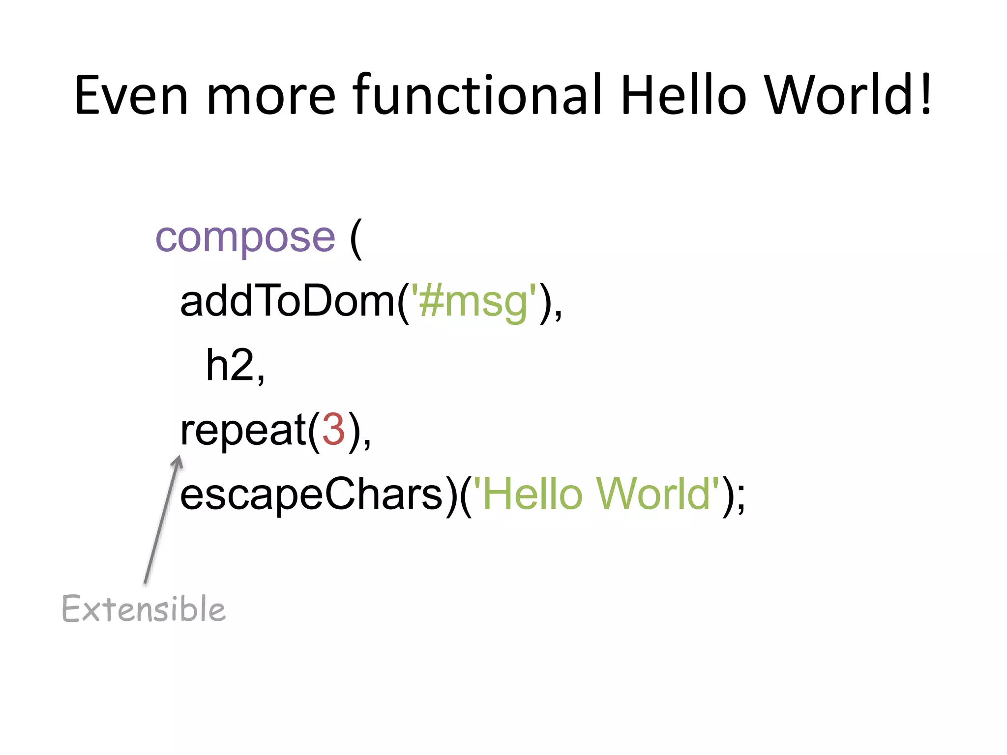 Even more functional Hello World!
compose (
addToDom('#msg'),
h2,
repeat(3),
escapeChars)('Hello World');
Extensible
 