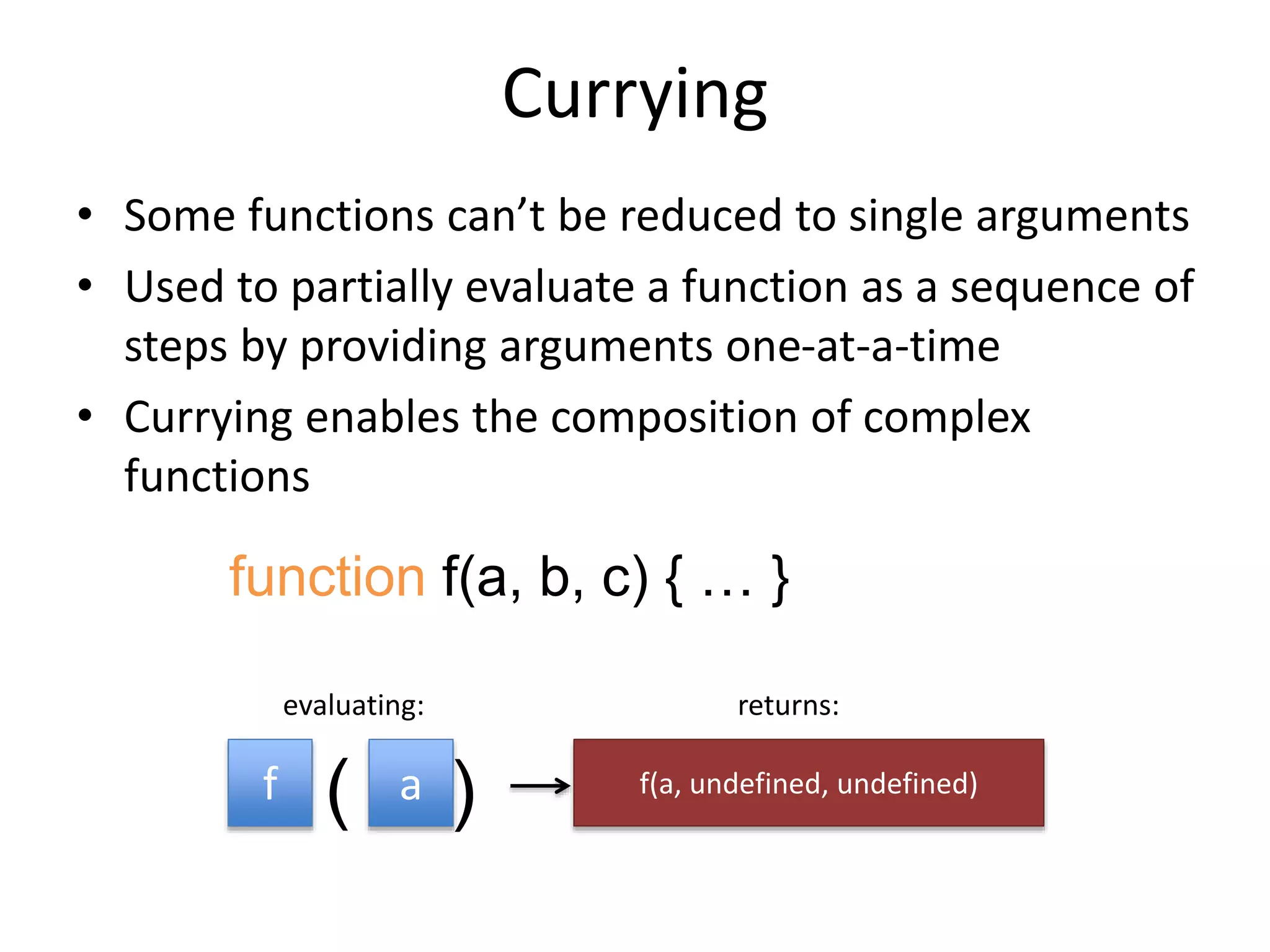 Currying
• Some functions can’t be reduced to single arguments
• Used to partially evaluate a function as a sequence of
steps by providing arguments one-at-a-time
• Currying enables the composition of complex
functions
function f(a, b, c) { … }
f a f(a, undefined, undefined)
evaluating: returns:
( )
 
