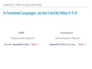CHAPTER 3: FIRST-CLASS FUNCTIONS
In Functional Languages, we don't strictly follow S-V-O
OOP
Subject.Verb (Object)
alice.SaysHelloTo("Bob")
Functional
Verb (Subject, Object)
SaysHelloTo(alice, ”Bob”)
 