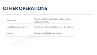 www.javathlon.com
OTHER  OPERATIONS
distinct()
Using equals() method of a class, ﬁlters
duplicate items
sorted(Comparator c) Using given Comparator, sorts the stream
count() Find the item count in stream
 