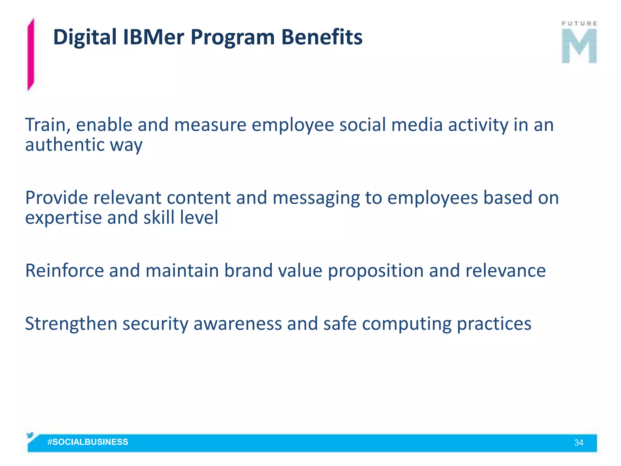 Digital IBMer Program Benefits


Train, enable and measure employee social media activity in an
authentic way

Provide relevant content and messaging to employees based on
expertise and skill level

Reinforce and maintain brand value proposition and relevance

Strengthen security awareness and safe computing practices




  #SOCIALBUSINESS                                                34
 