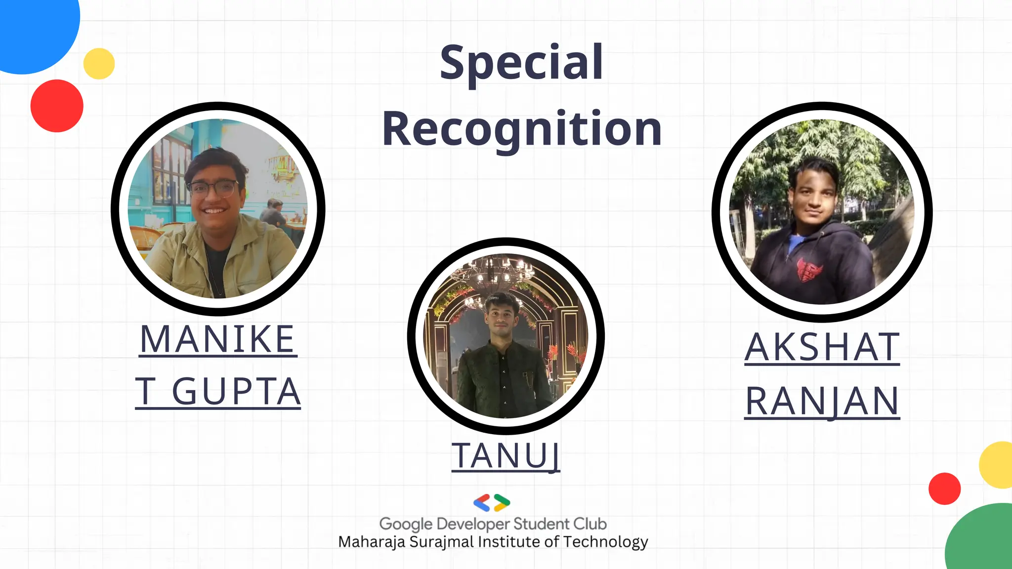 MANIKE
T GUPTA
AKSHAT
RANJAN
TANUJ
Special
Recognition
 