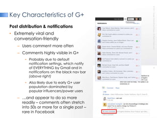 Key Characteristics of G+Post distribution & notificationsExtremely viral andconversation-friendlyUsers comment more oftenComments highly visible in G+Probably due to default notification settings, which notify of EVERYTHING by Gmail and in notifications on the black nav bar (above right)Also likely due to early G+ user population dominated by popular influencers/power users…and appear to do so more readily – comments often stretch into 50s or more for a single post – rare in Facebook 
