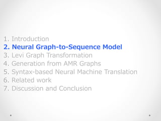 1.   Introduction
2.   Neural  Graph-‐‑‒to-‐‑‒Sequence  Model
3.   Levi  Graph  Transformation  
4.   Generation  from  AMR  Graphs  
5.   Syntax-‐‑‒based  Neural  Machine  Translation
6.   Related  work
7.   Discussion  and  Conclusion
 