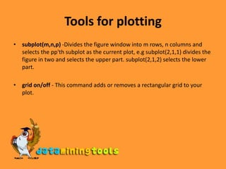Tools for plottingsubplot(m,n,p) -Divides the figure window into m rows, n columns and selects the pp'th subplot as the current plot, e.g subplot(2,1,1) divides the figure in two and selects the upper part. subplot(2,1,2) selects the lower part.grid on/off - This command adds or removes a rectangular grid to your plot.