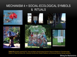 MECHANISM 4 = SOCIAL-ECOLOGICAL SYMBOLS
                       & RITUALS
http://candychang.com/sexy-trees-of-the-marigny-2011-calendar/




                Tidball, KG (Accepted; expected 2012). Trees and Rebirth: Social-Ecological Symbols, Rituals and Resilience in Post-Katrina New
                Orleans. In: Tidball and Krasny, Eds., Greening in the Red Zone: Disaster, Resilience, and Community Greening. Springer publishing.

                                                                                                                            Mining for Mechanisms
 