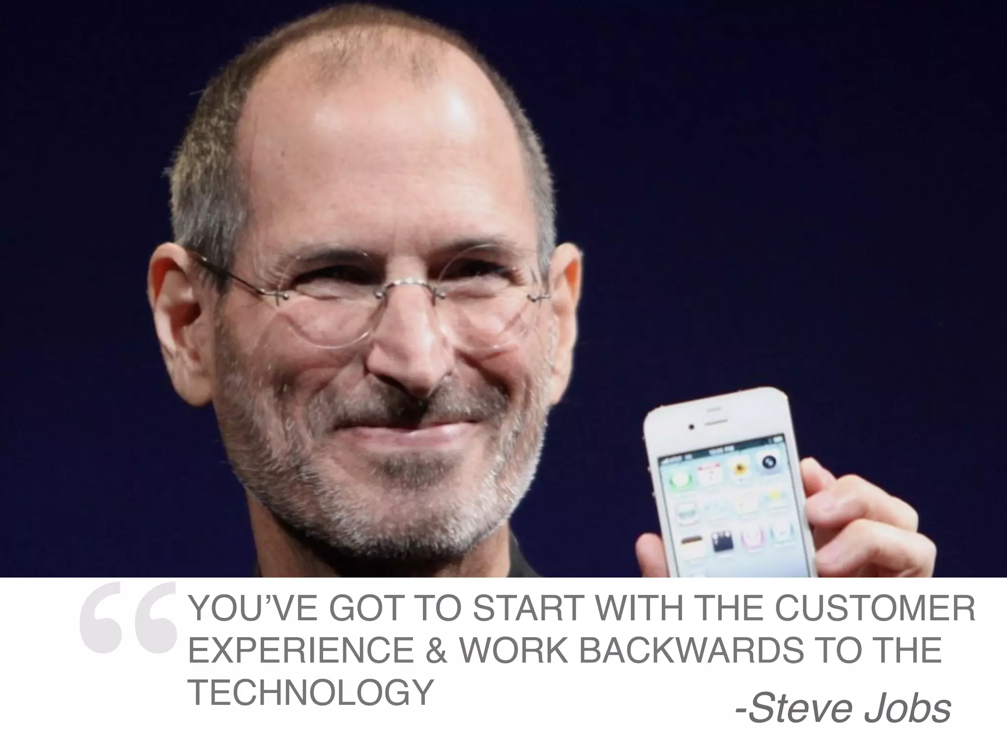 “YOU’VE GOT TO START WITH THE CUSTOMER
EXPERIENCE & WORK BACKWARDS TO THE
TECHNOLOGY -Steve Jobs
 