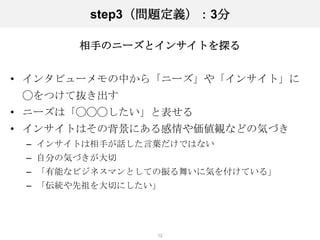 step3（問題定義）：3分

       相手のニーズとインサイトを探る


• インタビューメモの中から「ニーズ」や「インサイト」に
 ◯をつけて抜き出す
• ニーズは「◯◯◯したい」と表せる
• インサイトはその背景にある感情や価値観などの気づき
 – インサイトは相手が話した言葉だけではない
 – 自分の気づきが大切
 – 「有能なビジネスマンとしての振る舞いに気を付けている」
 – 「伝統や先祖を大切にしたい」




                12
 