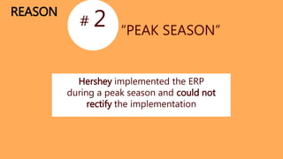 REASON
# 2
Hershey implemented the ERP
during a peak season and could not
rectify the implementation
“PEAK SEASON”
 