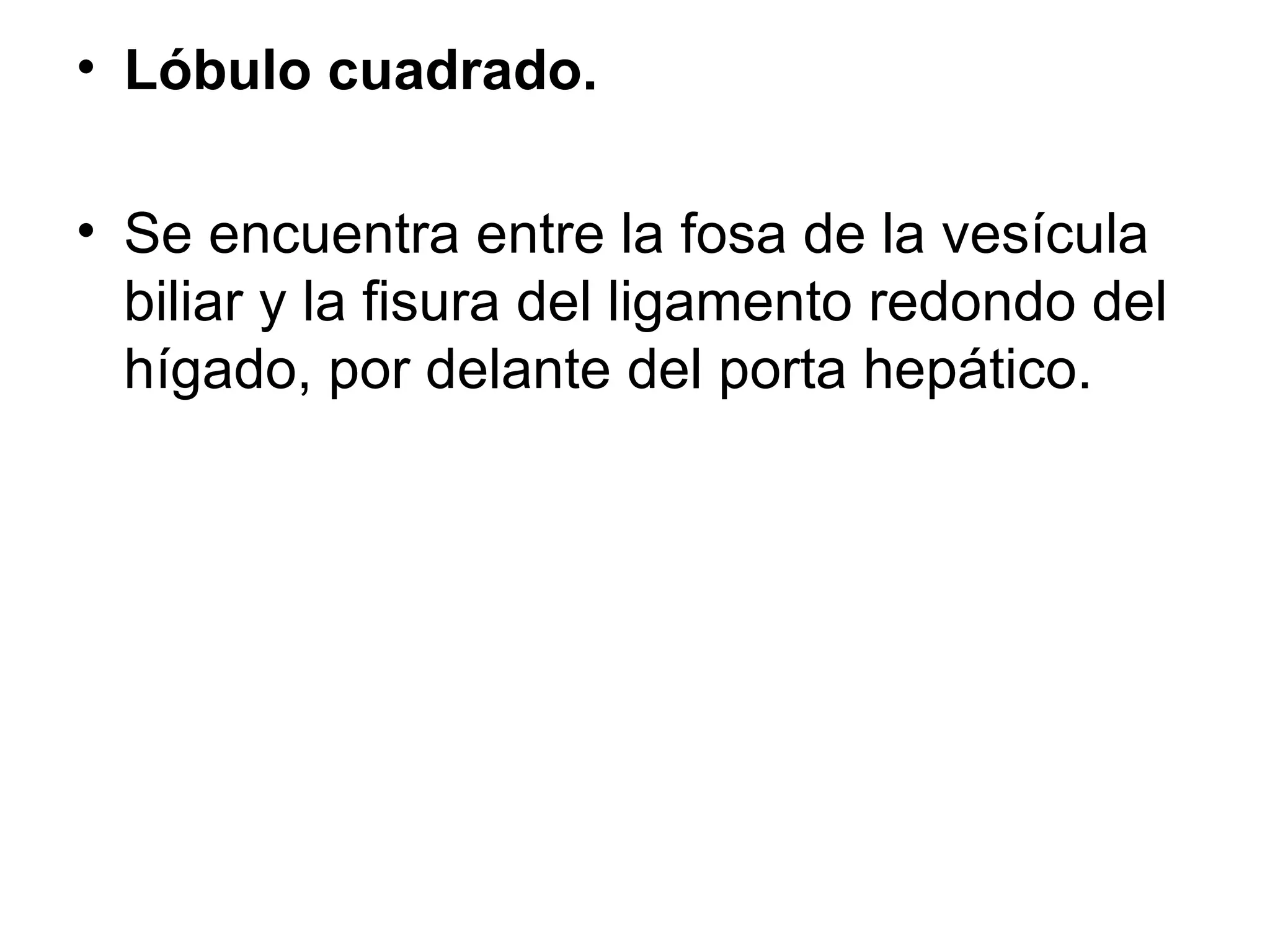 • Lóbulo cuadrado.

• Se encuentra entre la fosa de la vesícula
  biliar y la fisura del ligamento redondo del
  hígado, por delante del porta hepático.
 