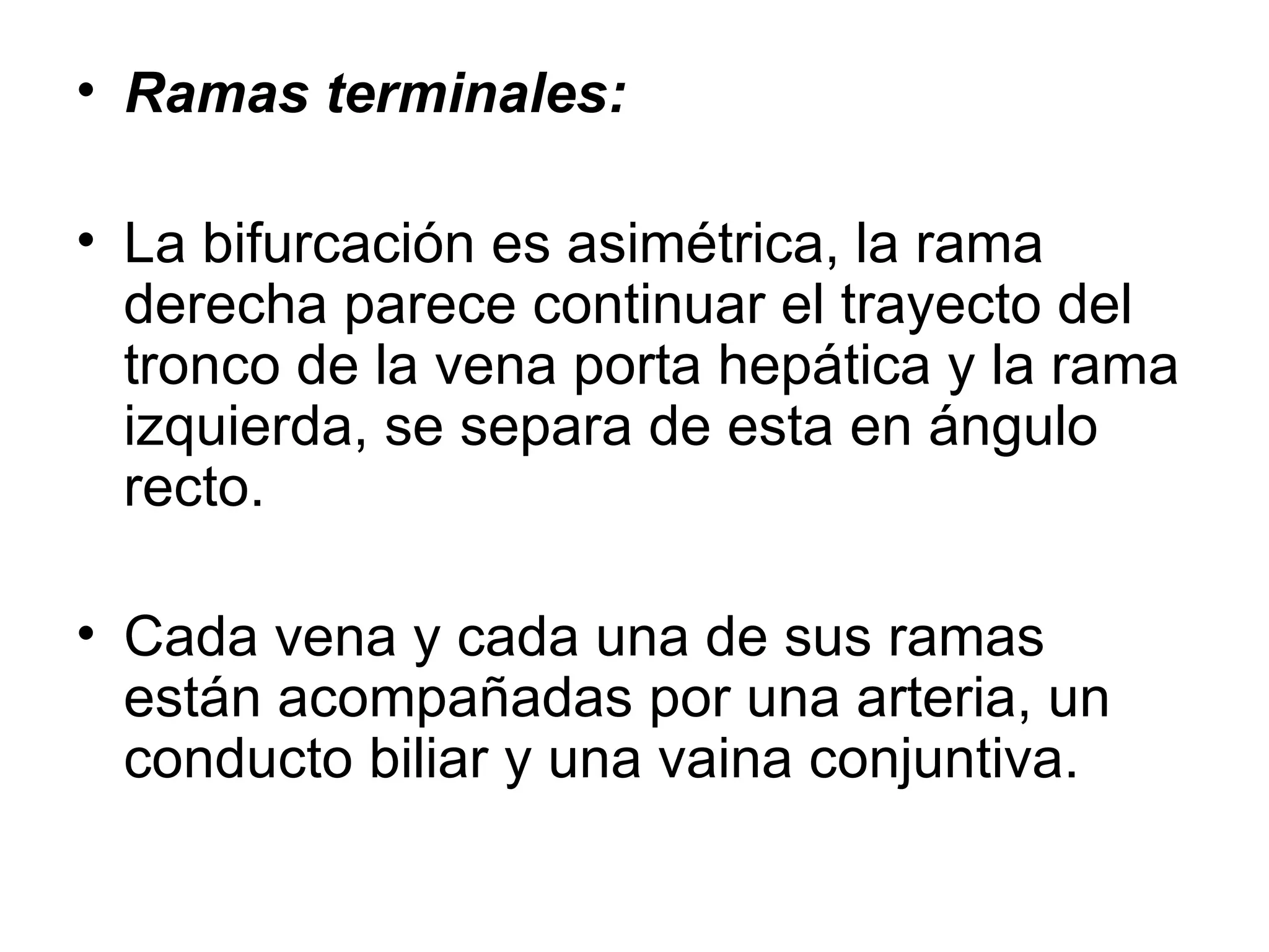 • Ramas terminales:

• La bifurcación es asimétrica, la rama
  derecha parece continuar el trayecto del
  tronco de la vena porta hepática y la rama
  izquierda, se separa de esta en ángulo
  recto.

• Cada vena y cada una de sus ramas
  están acompañadas por una arteria, un
  conducto biliar y una vaina conjuntiva.
 