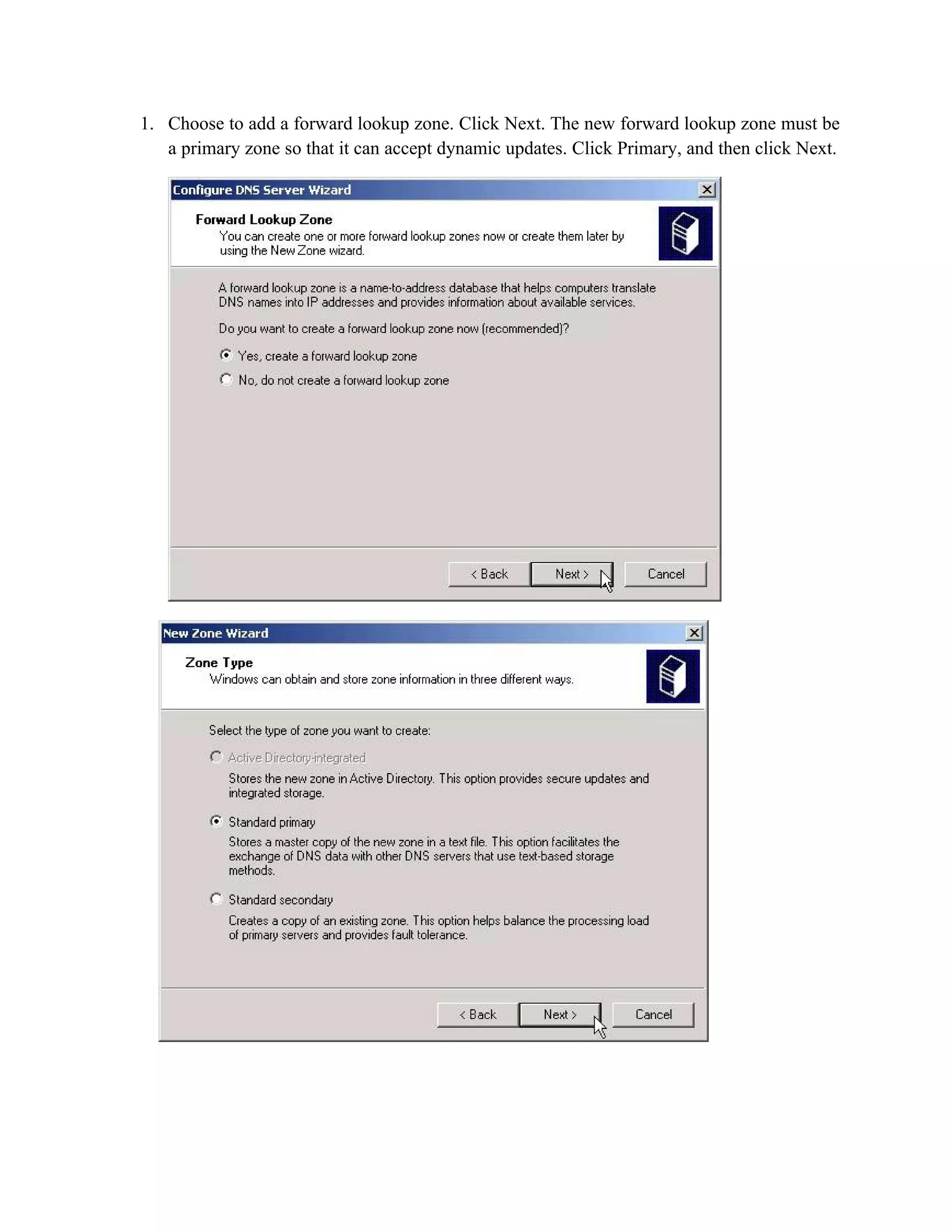1. Choose to add a forward lookup zone. Click Next. The new forward lookup zone must be
   a primary zone so that it can accept dynamic updates. Click Primary, and then click Next.
 