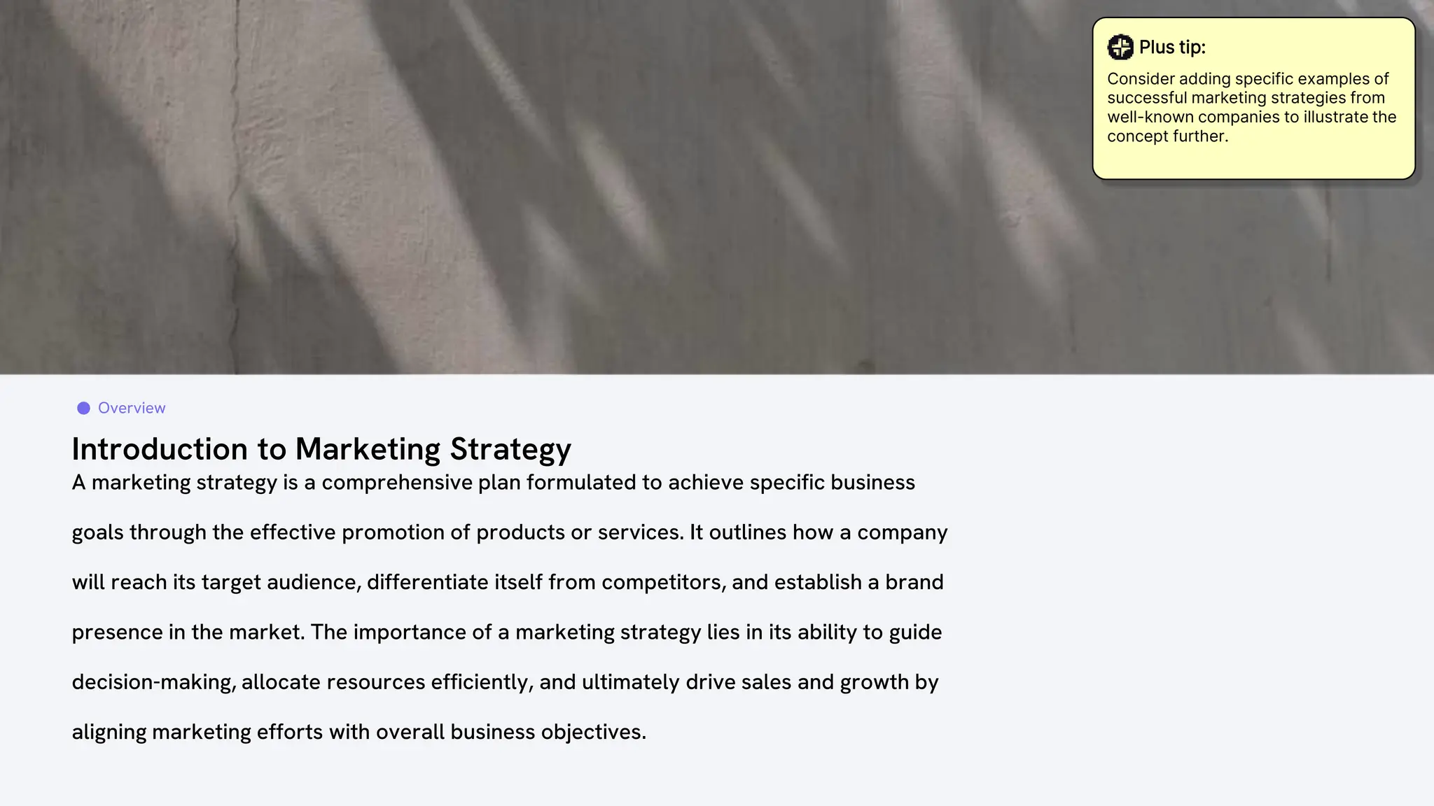 Introduction to Marketing Strategy
A marketing strategy is a comprehensive plan formulated to achieve specific business
goals through the effective promotion of products or services. It outlines how a company
will reach its target audience, differentiate itself from competitors, and establish a brand
presence in the market. The importance of a marketing strategy lies in its ability to guide
decision-making, allocate resources efficiently, and ultimately drive sales and growth by
aligning marketing efforts with overall business objectives.
Overview
Plus tip:
Consider adding specific examples of
successful marketing strategies from
well-known companies to illustrate the
concept further.
 